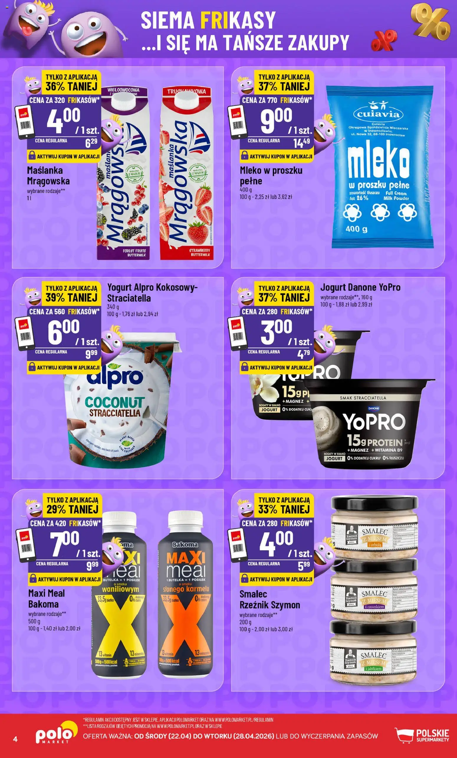 POLOmarket gazetka - Frikasowe Hity od 22.04.2026 | Strona: 4 | Produkty: Maślanka, Mleko w proszku, Mleko, Jogurt