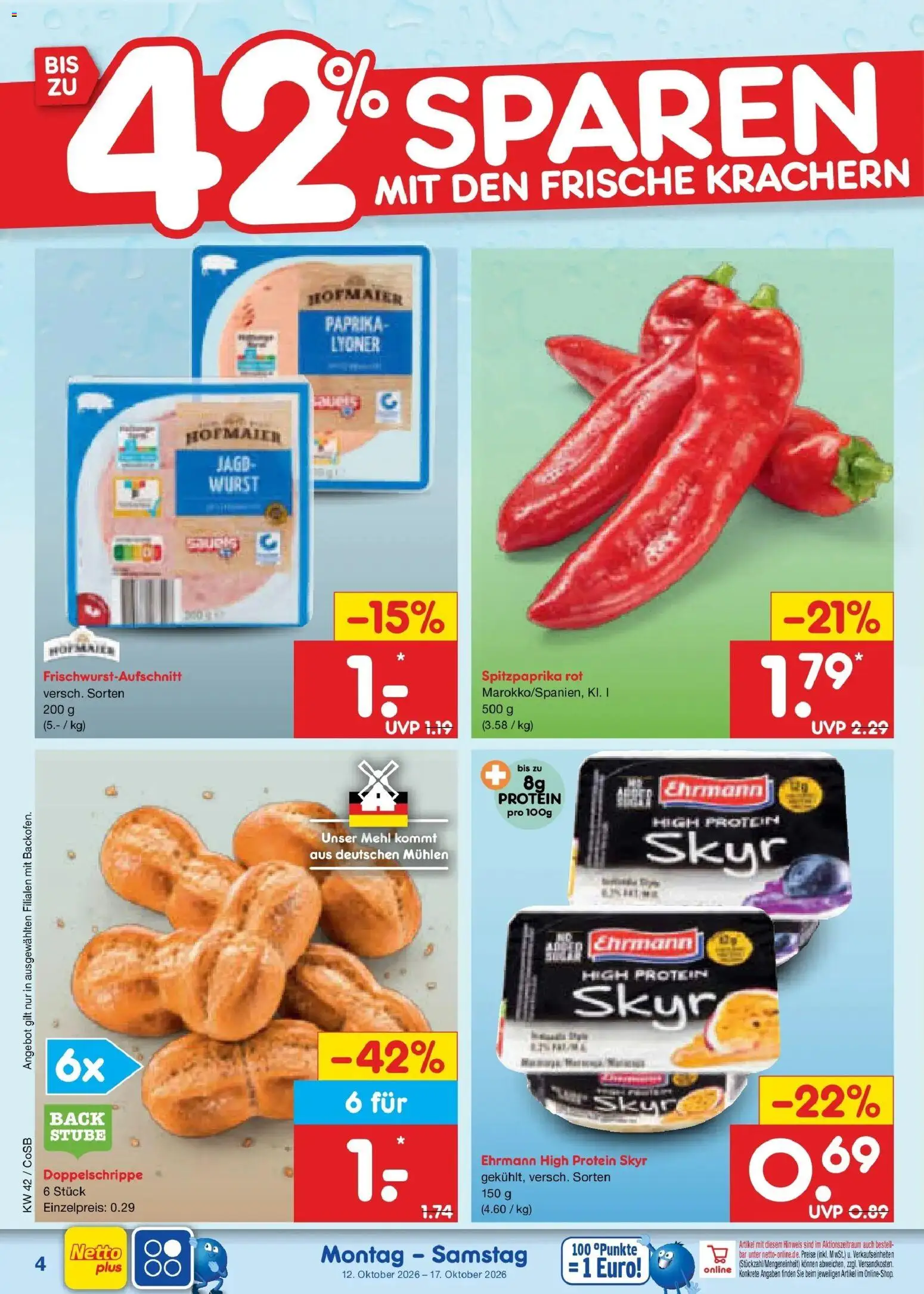 Netto Marken-Discount Prospekt Leipzig (ab 12.10.2026) » Angebote | Seite: 4 | Produkte: Mehl, Skyr, Paprika, Wurst