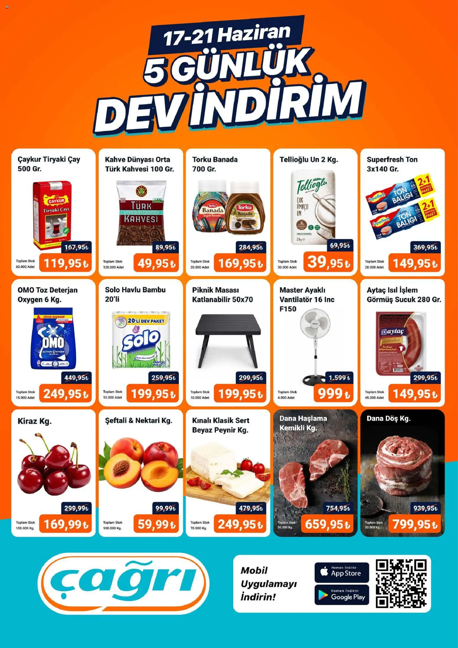 Çağrı Market - 5 Günlük Dev İndirim - 17.06.2026 tarihinden itibaren geçerlidir | Sayfa: 1 | Ürünler: Peynir, Kahve, Sucuk, Vantilatör