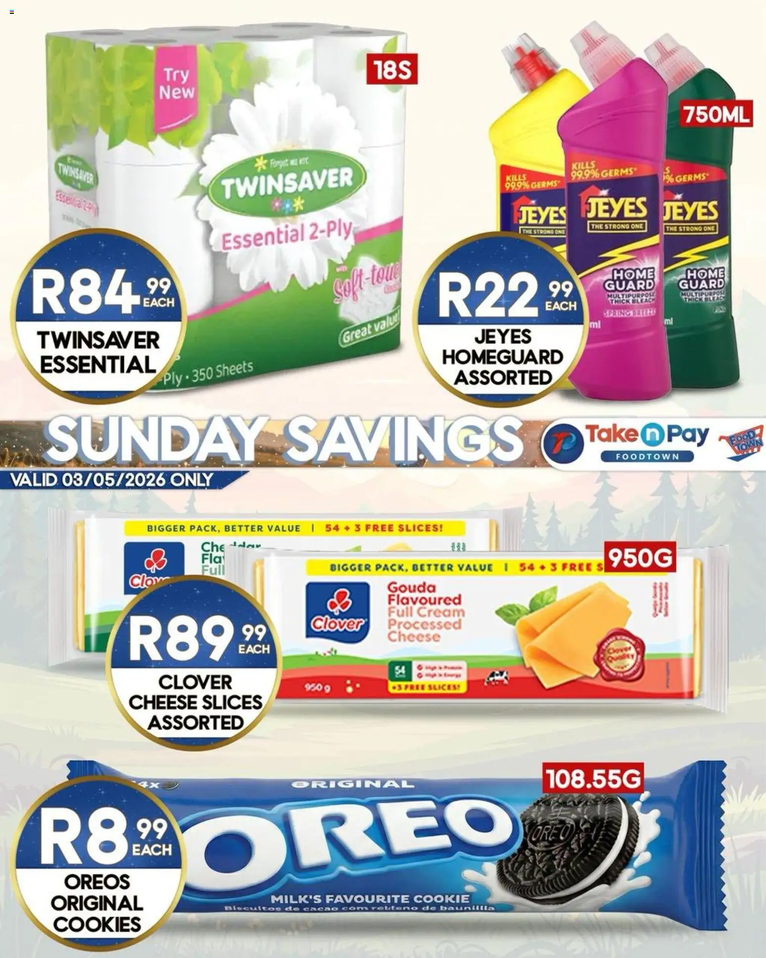 New Take n Pay catalogue – valid from 03.05.2026 | Page: 3 | Products: Bleach, Cheese, Cream, Cookies