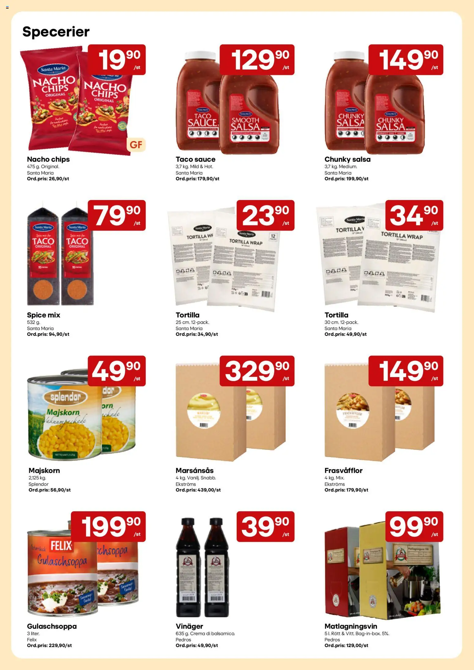 Snabbgross reklamblad aktuell från 19/10/2026 | Sida: 8 | Produkter: Tortilla, Matlagningsvin, Vinäger, Marsansås