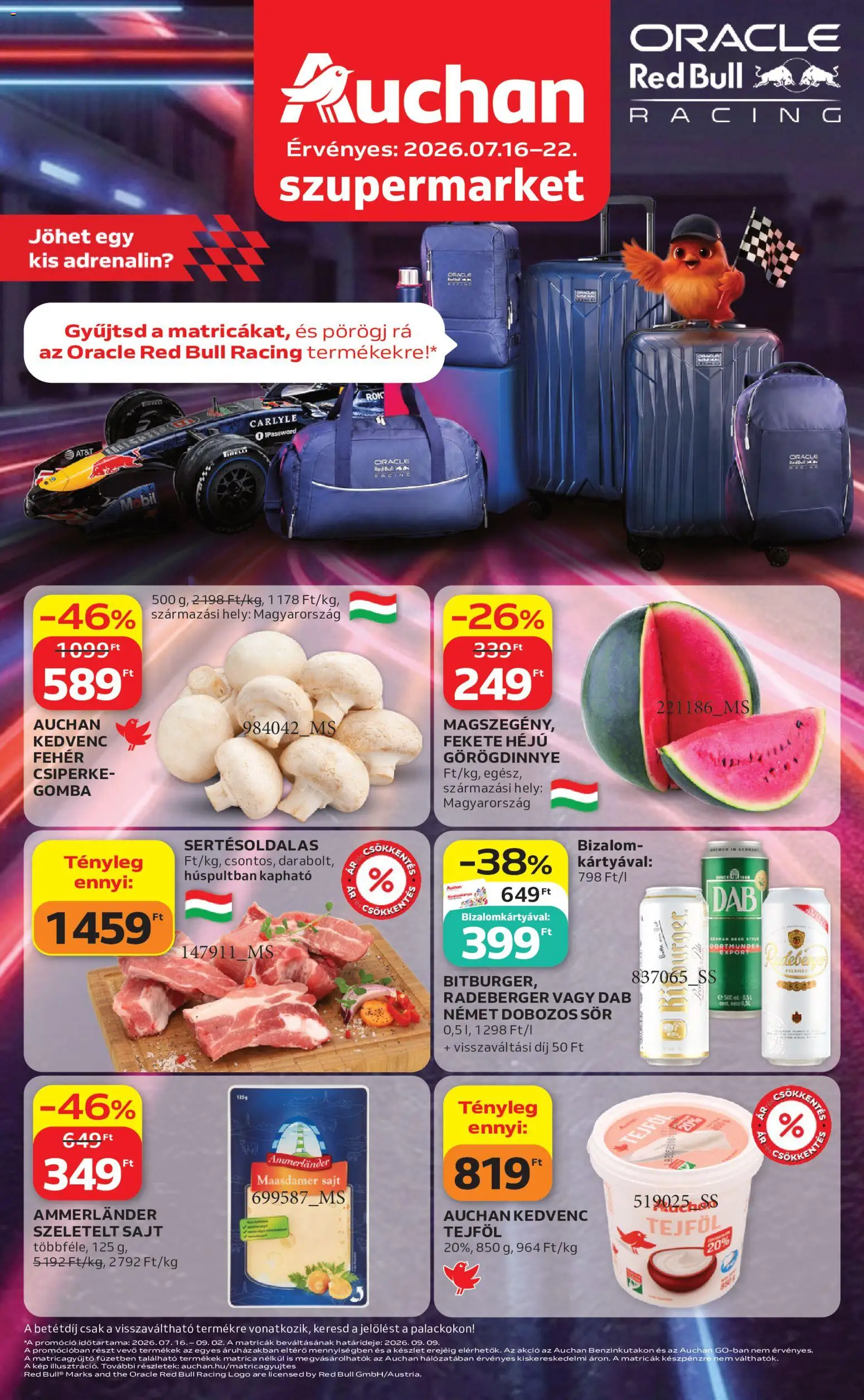 Auchan akciós ujság - amely érvényes a következő dátumtól: 2026.07.16. | Oldal: 1 | Termékek: Red bull, Dobozos sör, Sör, Szeletelt sajt