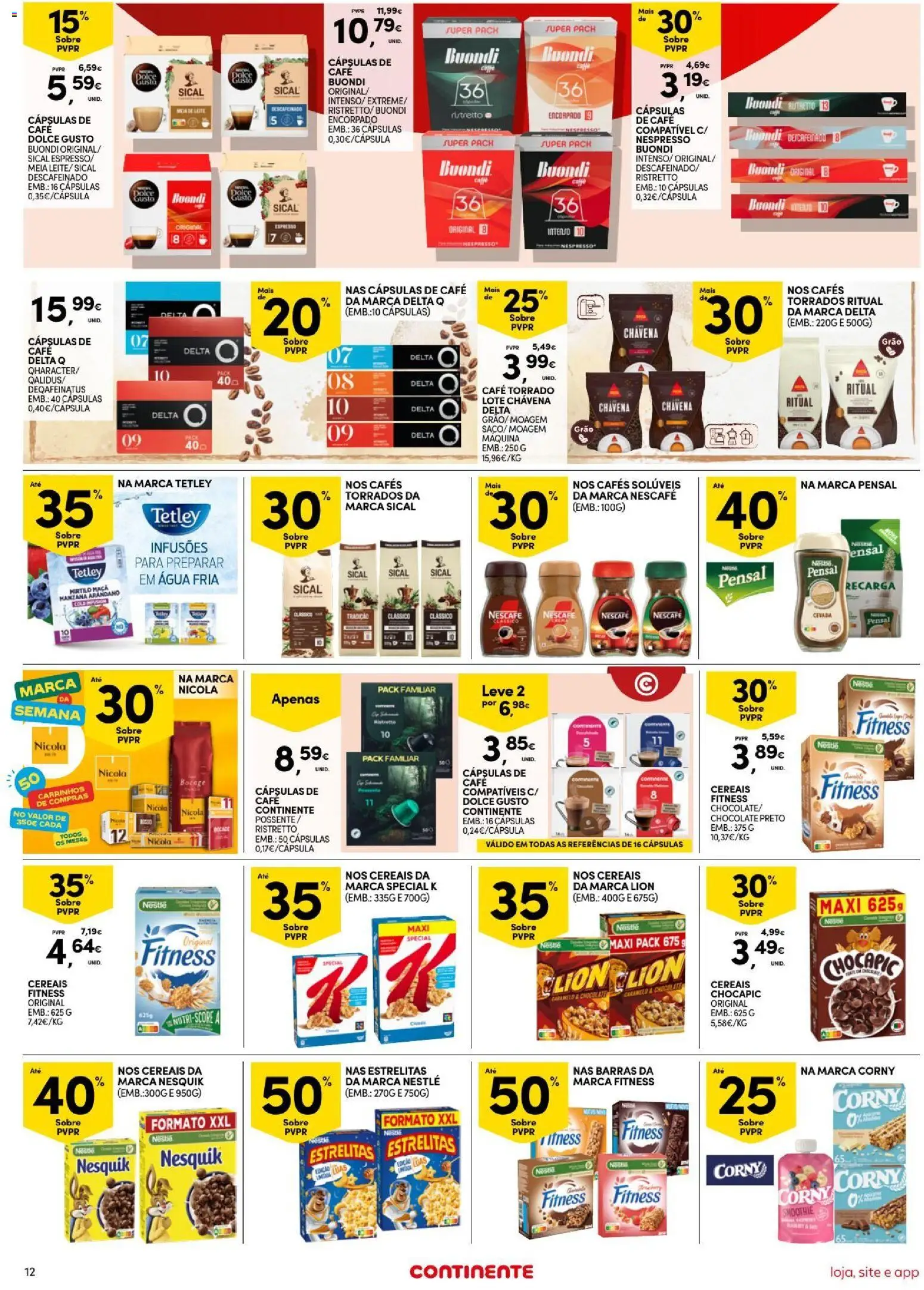 Continente Semanal Continente Bom Dia │ válido de 11/08/2026 | Página: 12 | Produtos: Delta q, Cápsulas café, Nespresso, Dolce gusto