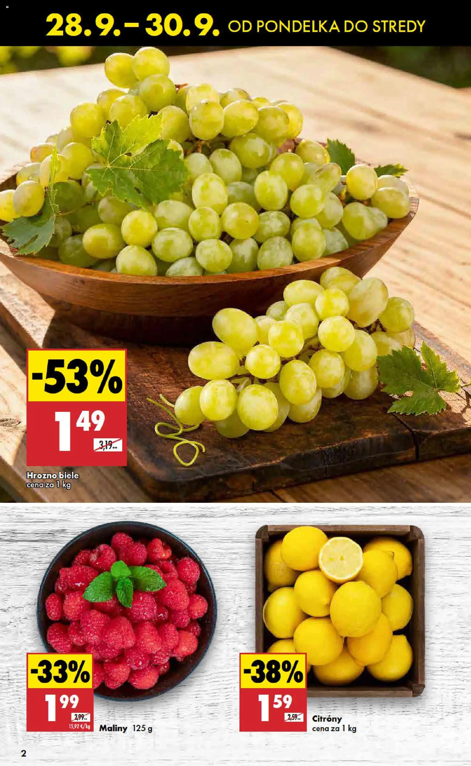Nové Biedronka akcie – leták je platný od 28.09.2026 | Strana: 2 | Produkty: Citróny, Hrozno, Maliny