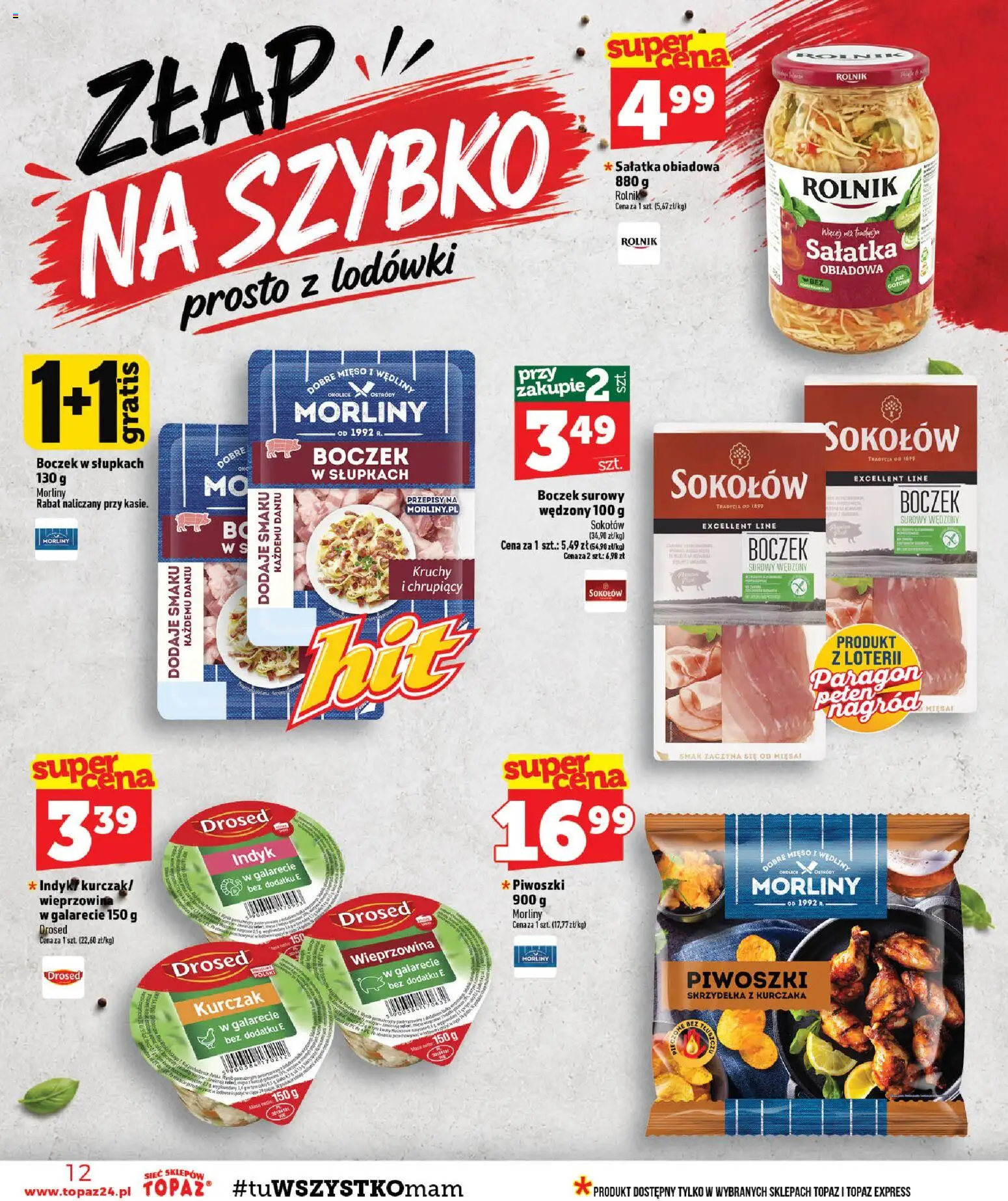 Topaz gazetka - MAZ od 10.09.2026 | Strona: 12 | Produkty: Boczek, Boczek surowy wędzony, Wędliny, Wieprzowina
