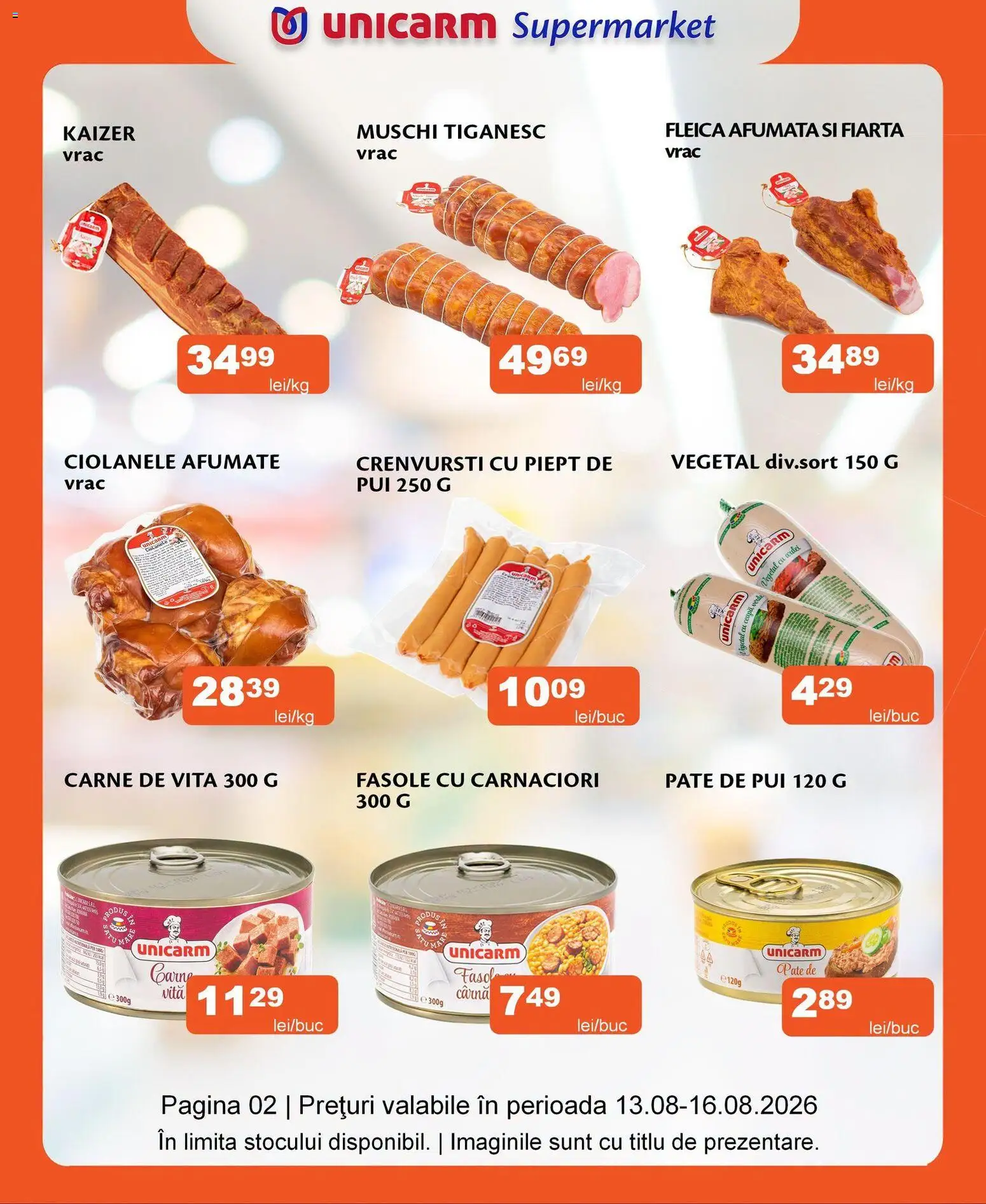 Noul catalog Unicarm – valabil de la 13.08.2026 | Pagină: 2 | Produse: Pui, Pate, Crenvurști, Fleică