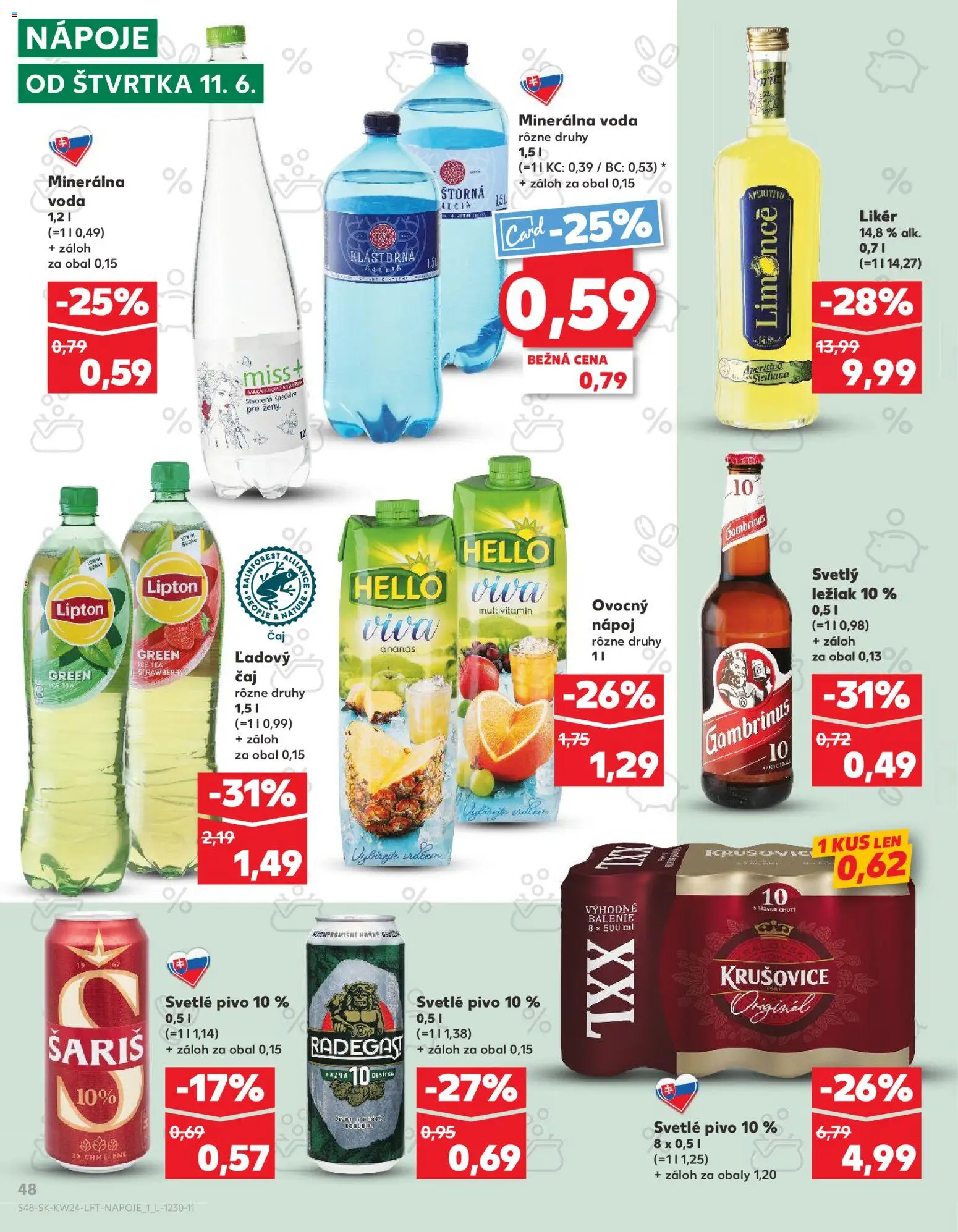 Nové Kaufland akcie – leták je platný od 11.06.2026 | Strana: 48 | Produkty: Pivo, Radegast, Šariš, Minerálna voda