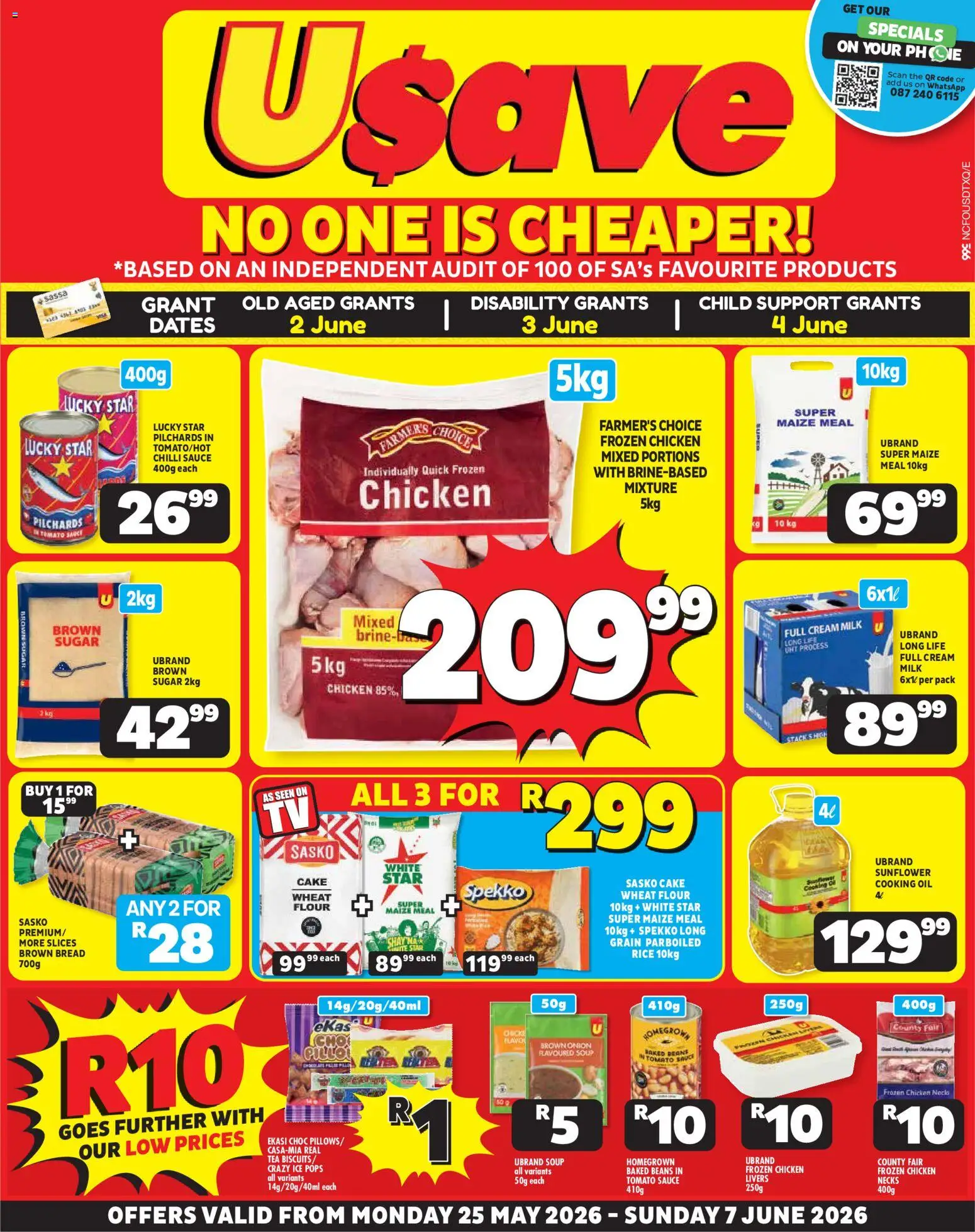 New Usave catalogue – valid from 25.05.2026 | Page: 1 | Products: Pilchards, Flour, Biscuits, Tomato sauce