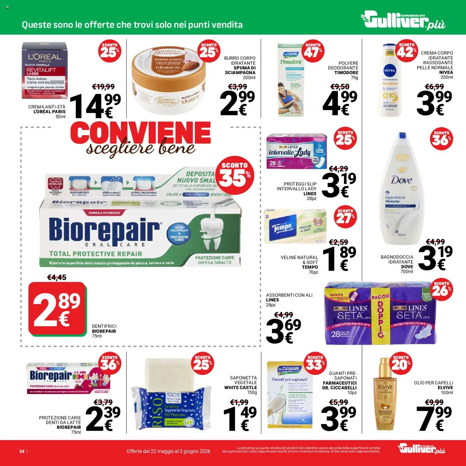 Volantino Gulliver del 22.05.2026 | Pagina: 34 | Prodotti: Olio per capelli, Crema, Veline, Olio