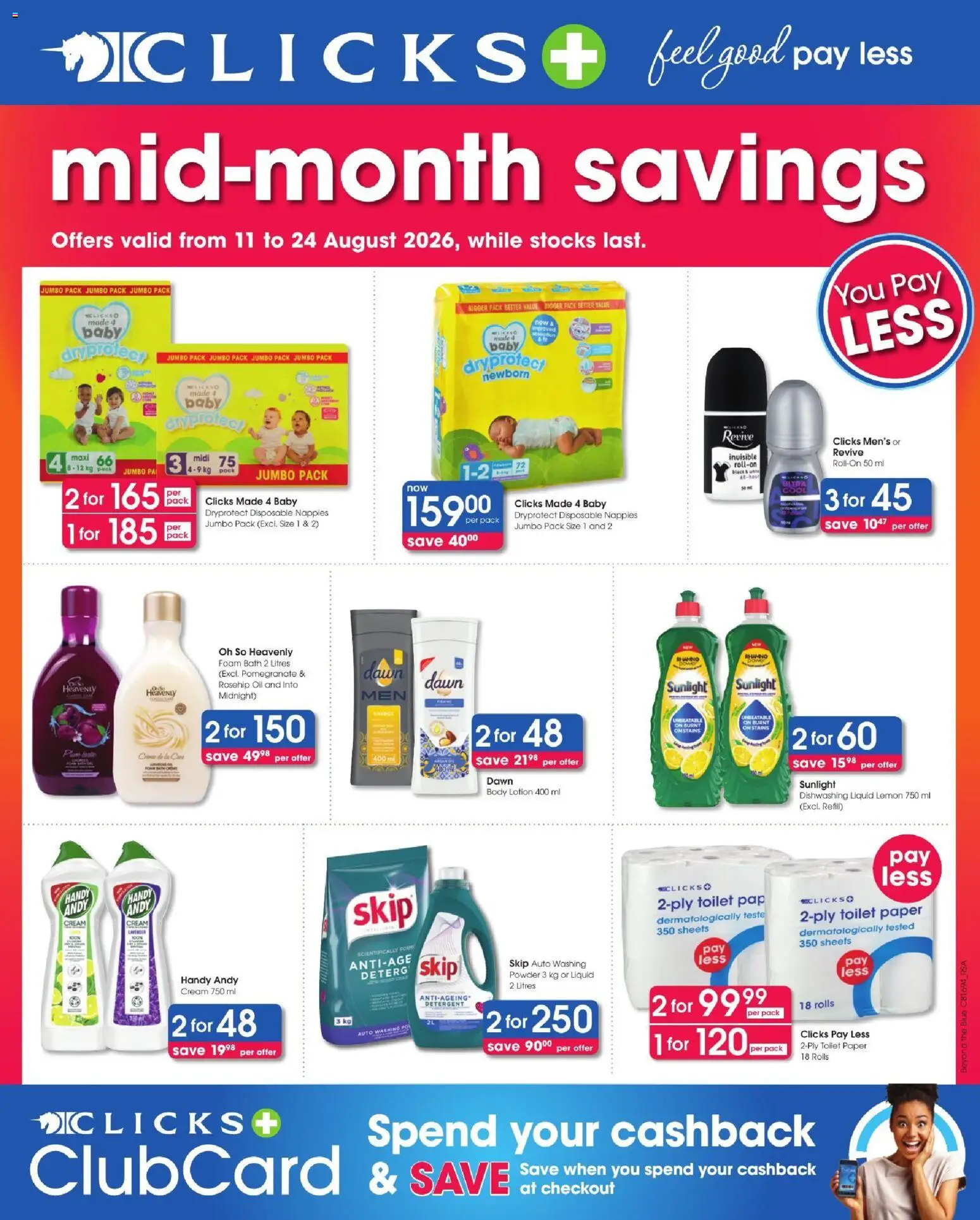 New Clicks catalogue – valid from 11/08/2026 | Page: 1 | Products: Toilet, Cream, Detergent, Toilet paper