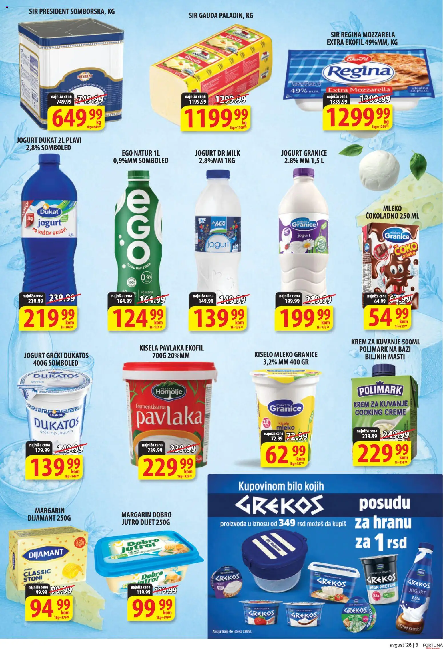 Fortuna Market katalog - važi od 10.08.2026 | Strana: 3 | Proizvode: Kisela pavlaka, Margarin, Jogurt, Krem