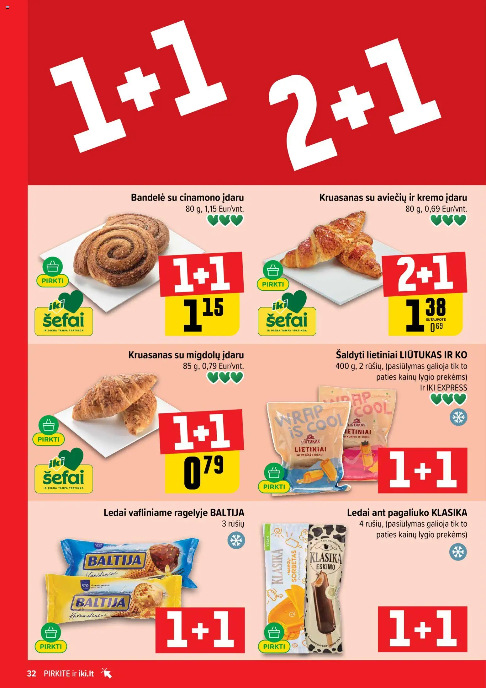 IKI akcijos nuo 2026.06.29 | Puslapis: 32 | Prekių: Ledai, Bandelė