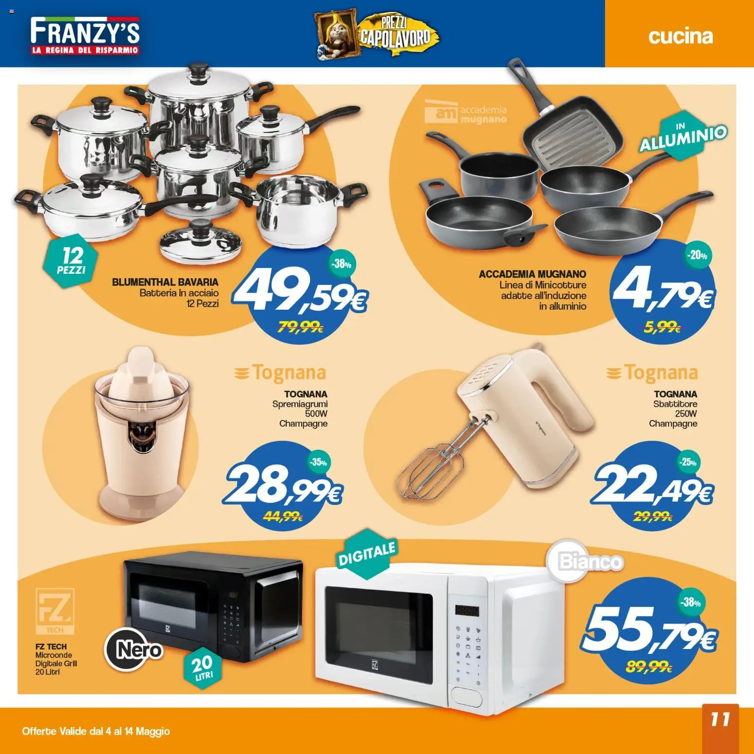 Volantino Franzy's del 04.05.2026 | Pagina: 11 | Prodotti: Microonde, Alluminio, Spremiagrumi, Batteria