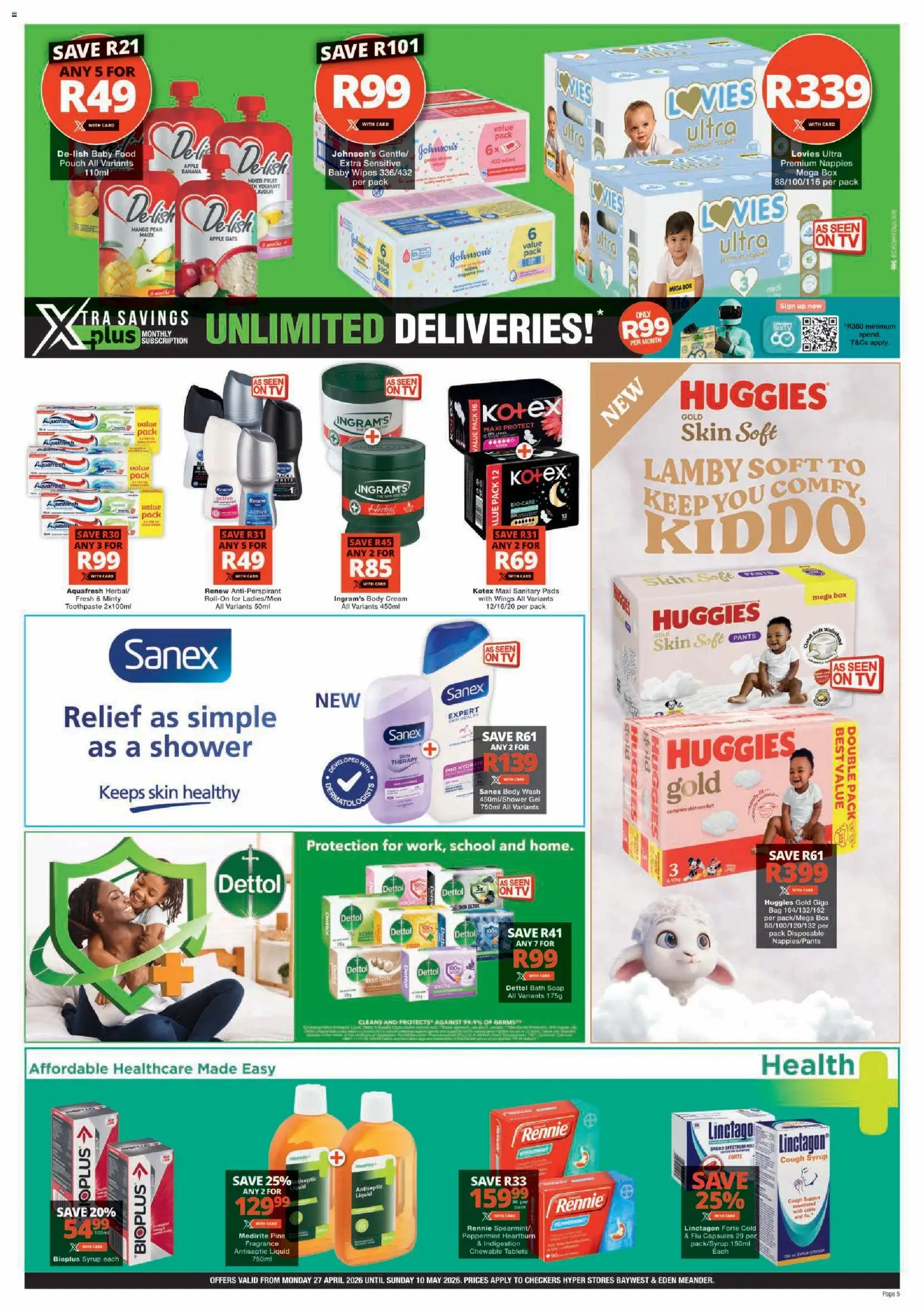 New Checkers catalogue – valid from 27.04.2026 | Page: 5 | Products: Fragrance, Cream, Soap, Baby food