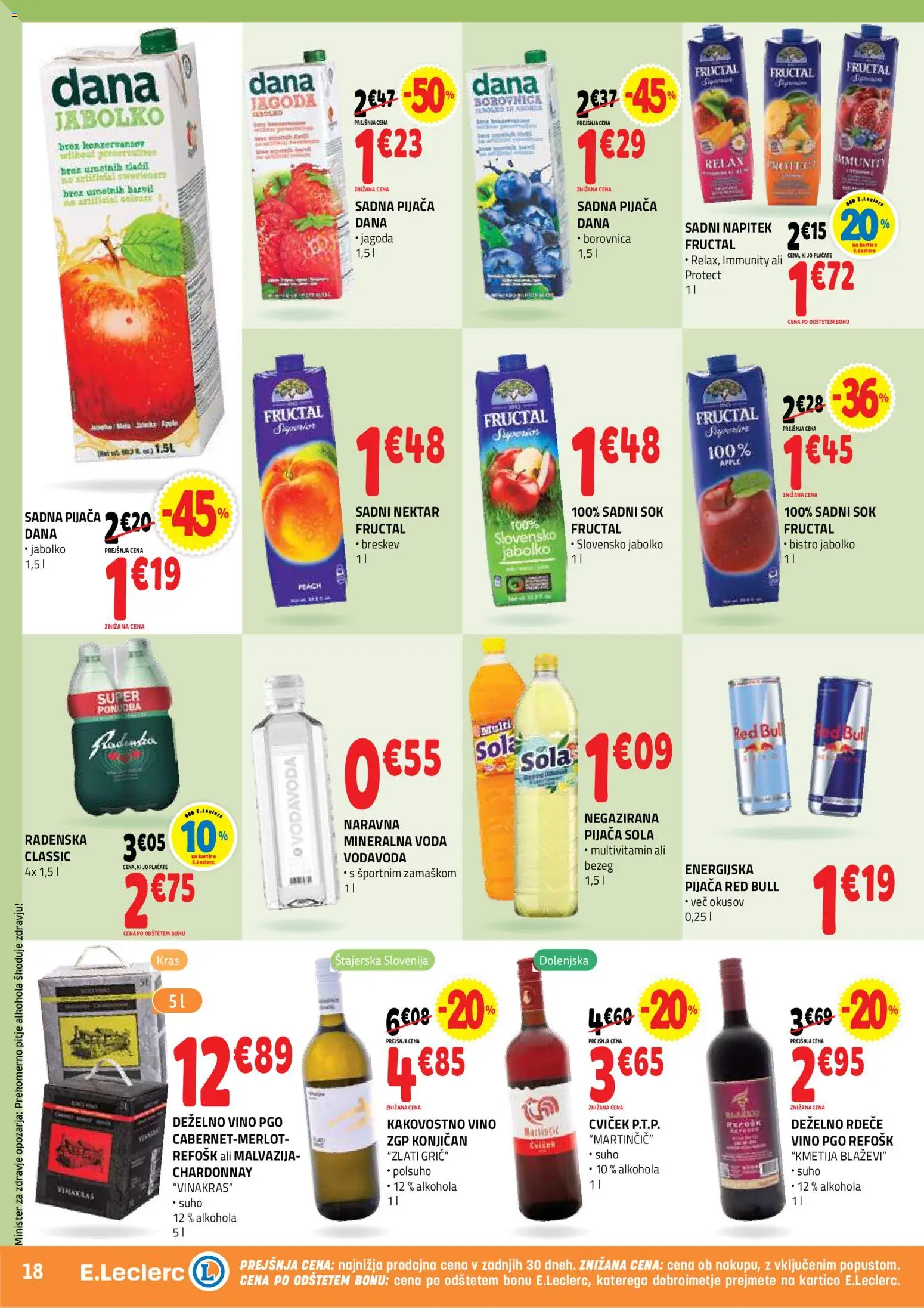 Novi E.leclerc katalog ponudbe – veljaven od 15.07.2026 | Stran: 18 | Izdelki: Sok, Vino, Voda, Breskev