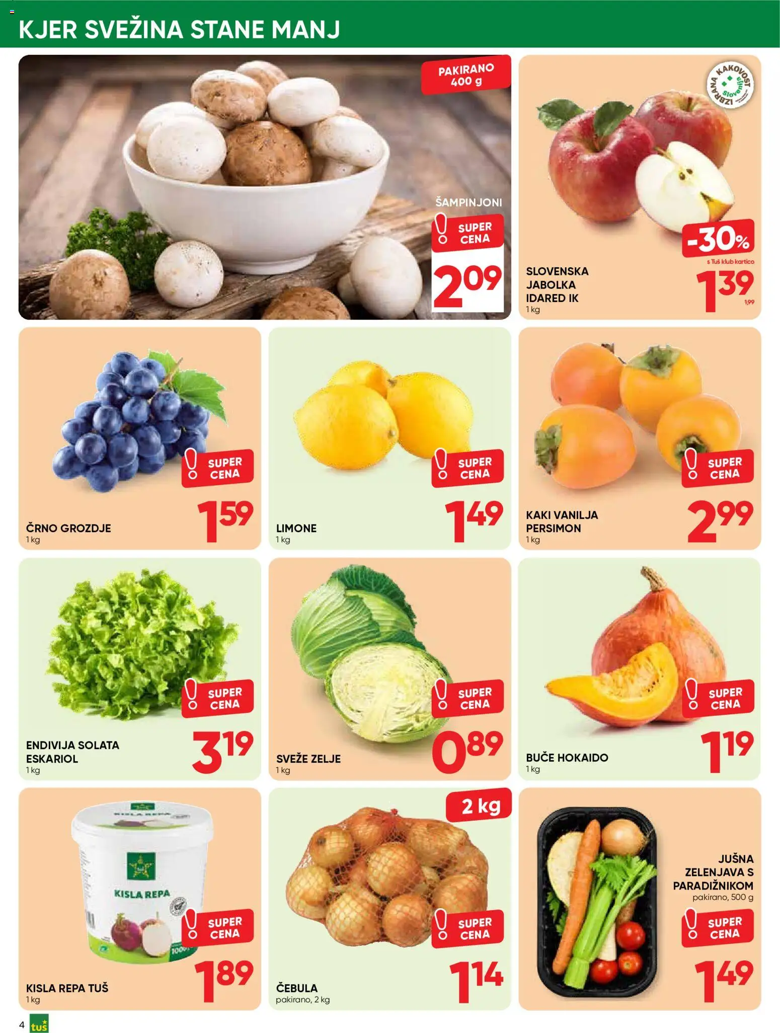 Novi Tuš katalog ponudbe – veljaven od 21.10.2026 | Stran: 4 | Izdelki: Kaki, Grozdje, Jabolka, Cebula