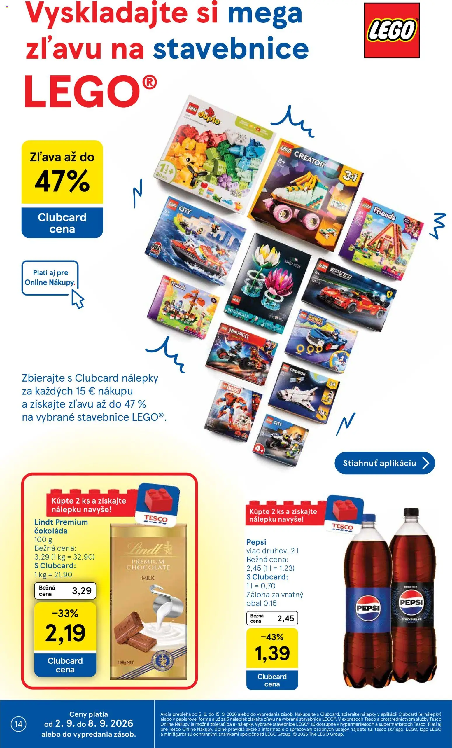 Nové Tesco akcie – leták je platný od 02.09.2026 | Strana: 14 | Produkty: Lindt, LEGO, LEGO DUPLO, Čokoláda