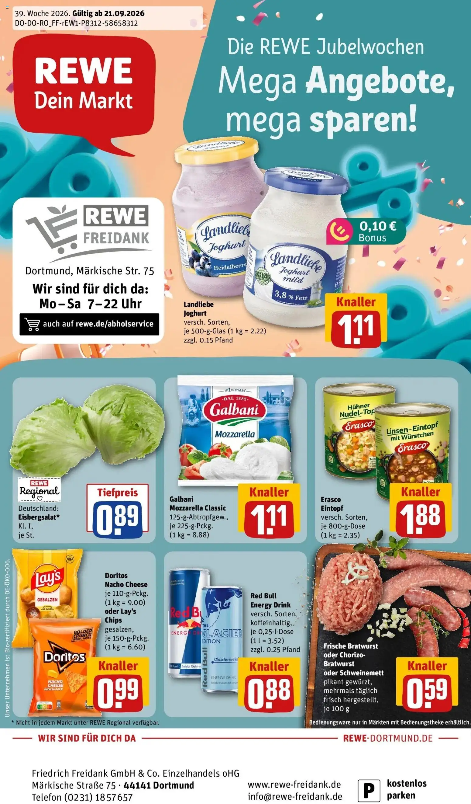 REWE Prospekt ab 21.09.2026 zum Blättern » Angebote | Seite: 1 | Produkte: Red bull, Joghurt, Telefon, Uhr