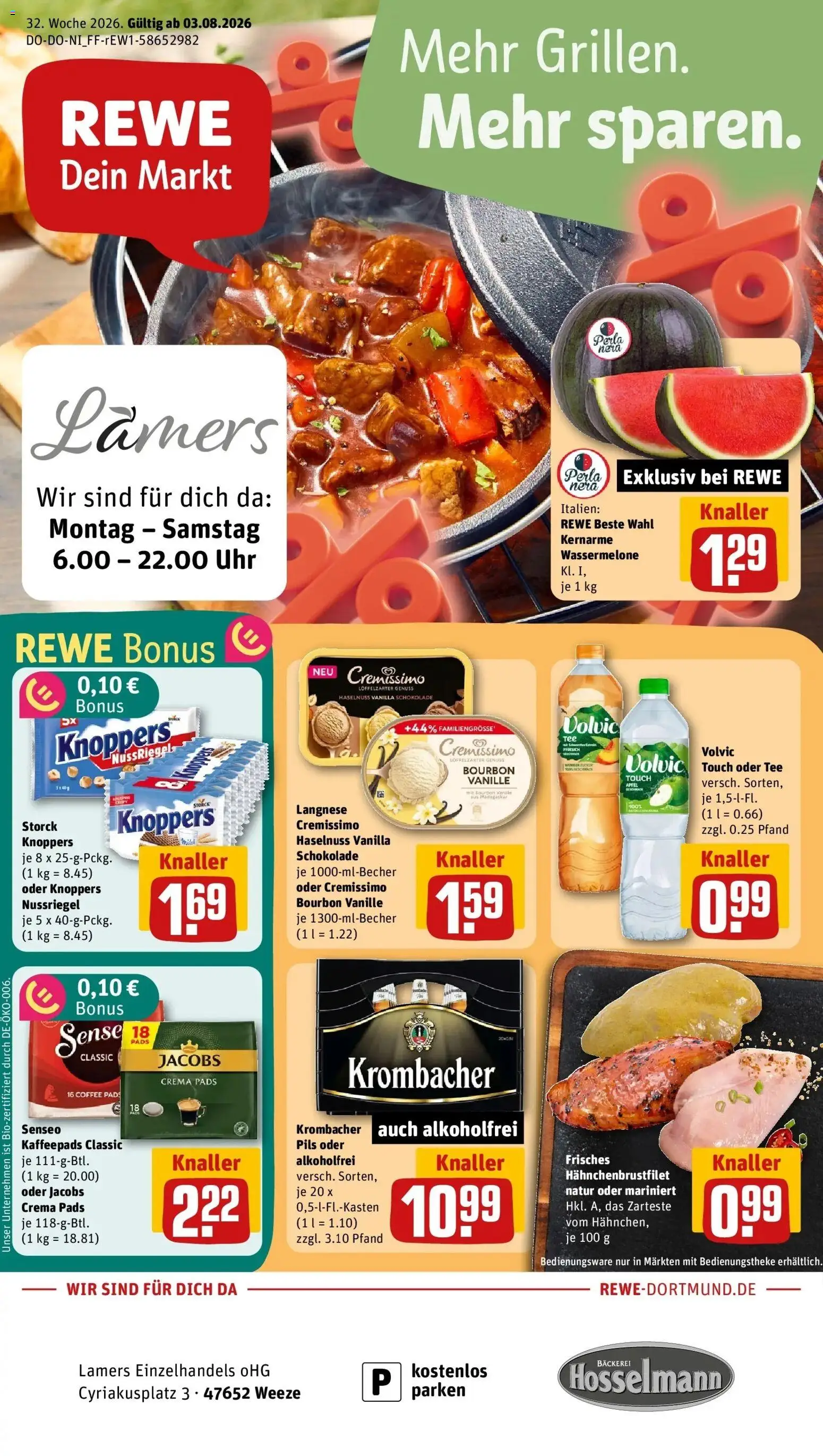 REWE Prospekt ab 03.08.2026 zum Blättern » Angebote | Seite: 1 | Produkte: Senseo, Pfirsich, Knoppers, Krombacher