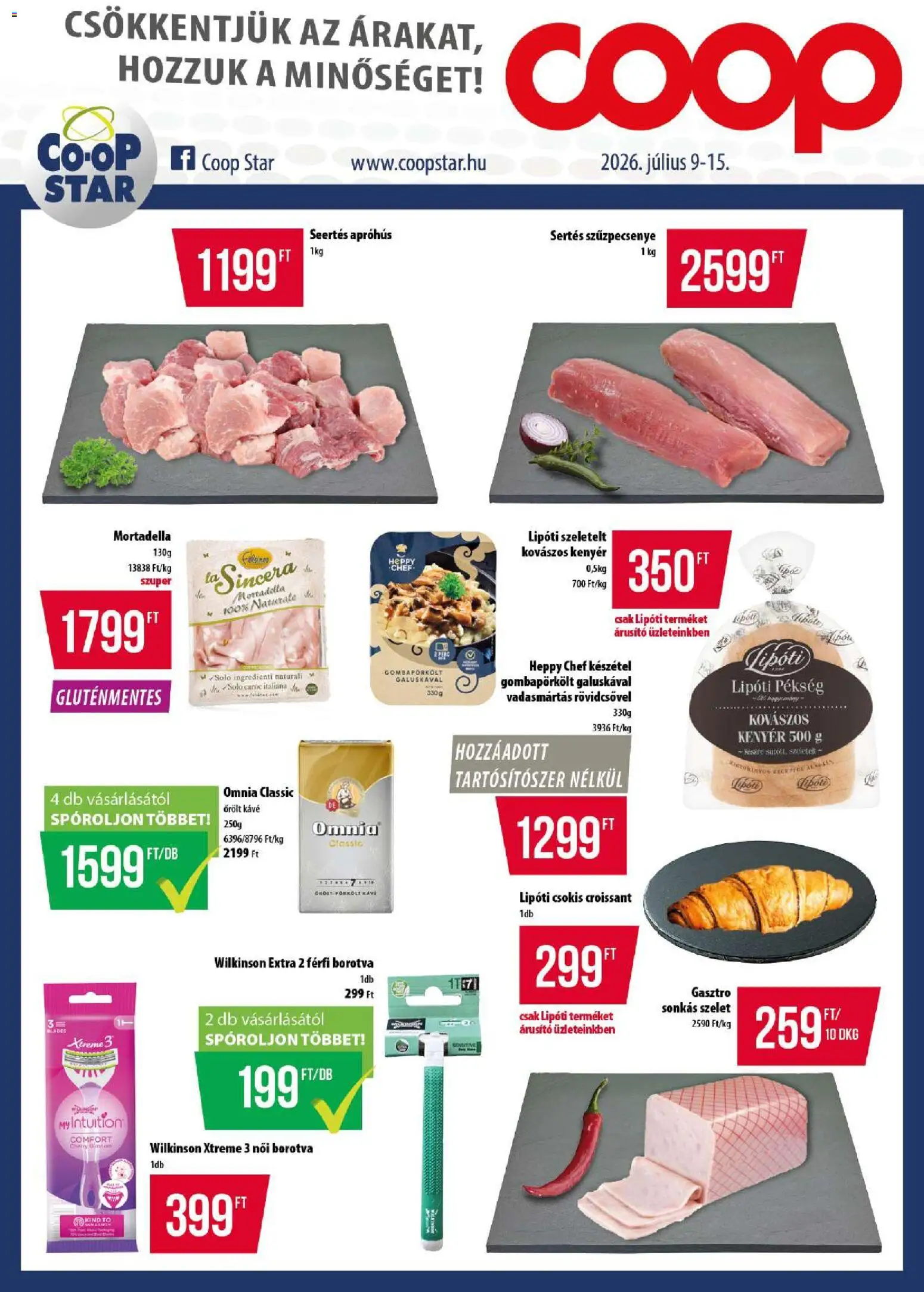 COOP akciós ujság - amely érvényes a következő dátumtól: 2026.07.09. | Oldal: 1 | Termékek: Croissant, Kenyér, Szűzpecsenye, Gluténmentes