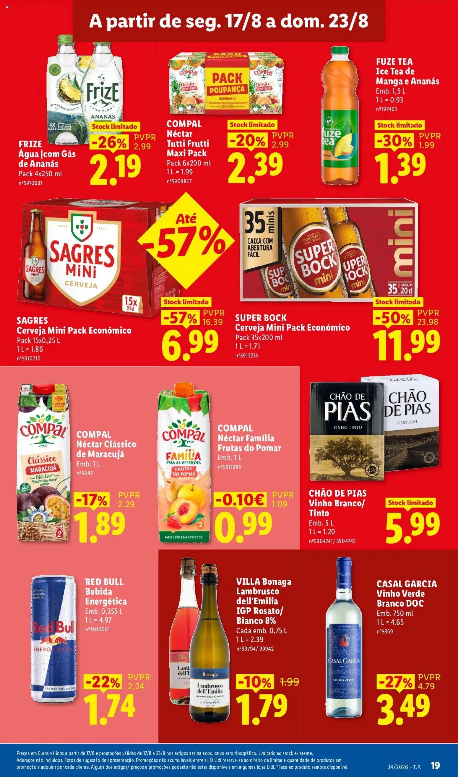 Lidl folheto │ válido de 17/08/2026 | Página: 19 | Produtos: Agua, Red Bull, Super bock, Cerveja
