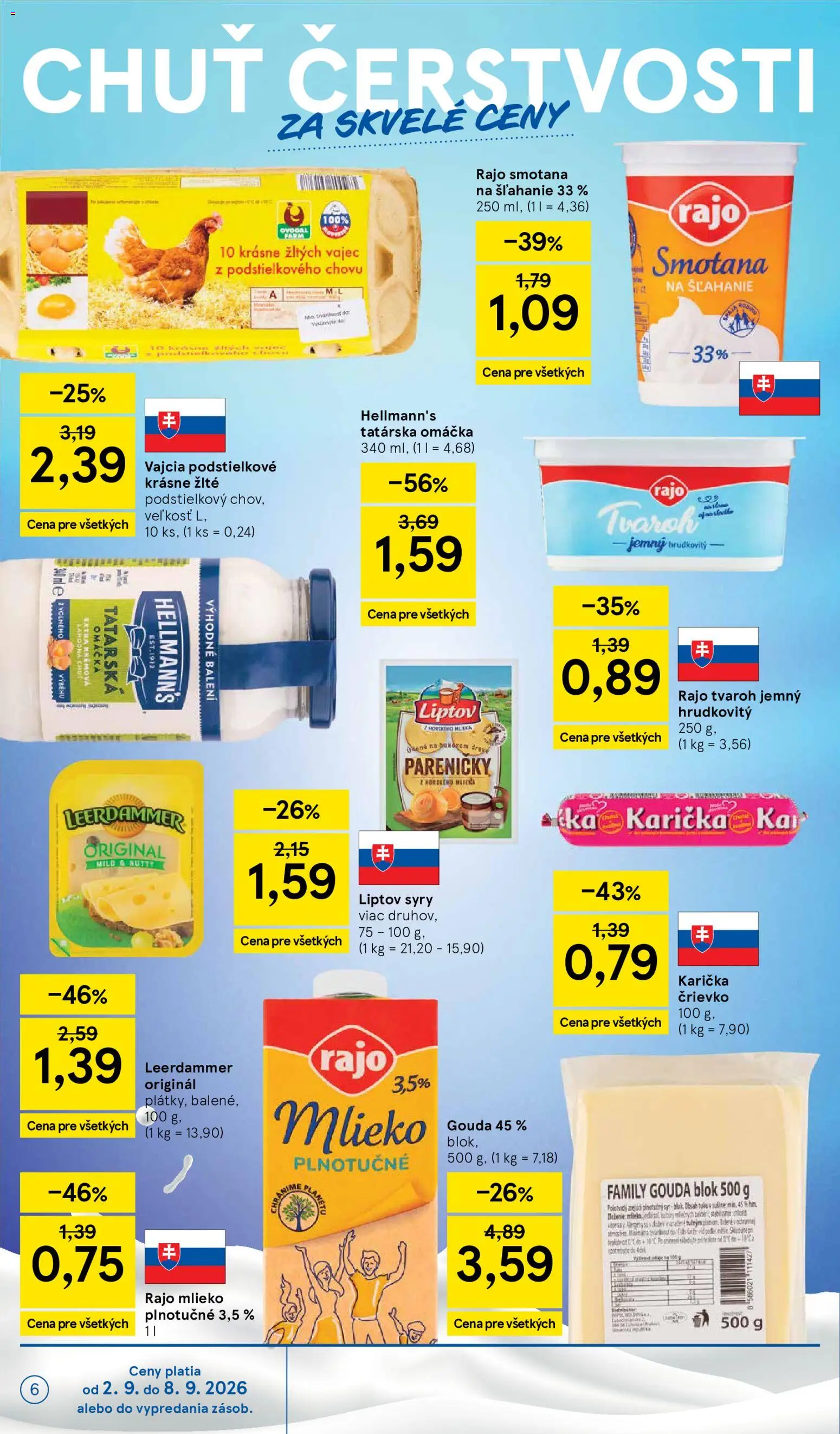 Nové Tesco akcie – leták je platný od 02.09.2026 | Strana: 6 | Produkty: Smotana, Tvaroh, Mlieko plnotučné, Omáčka