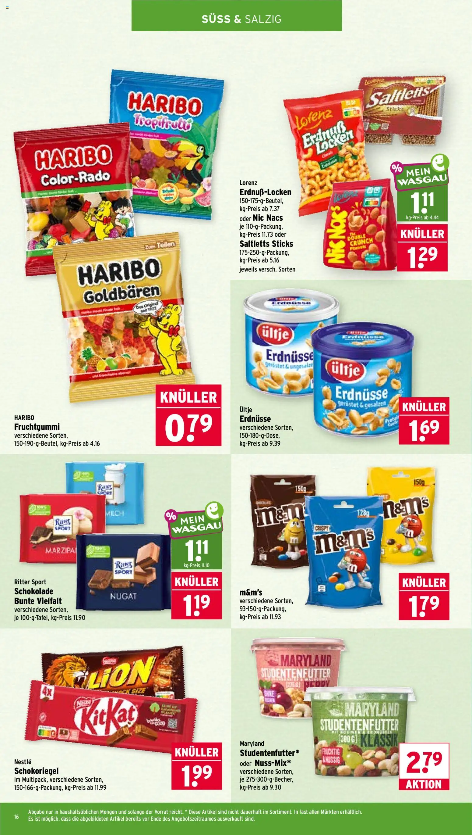 Wasgau Prospekt – gültig ab 27.07.2026 | Seite: 16 | Produkte: Erdnüsse, Haribo, Schokolade, Ritter sport