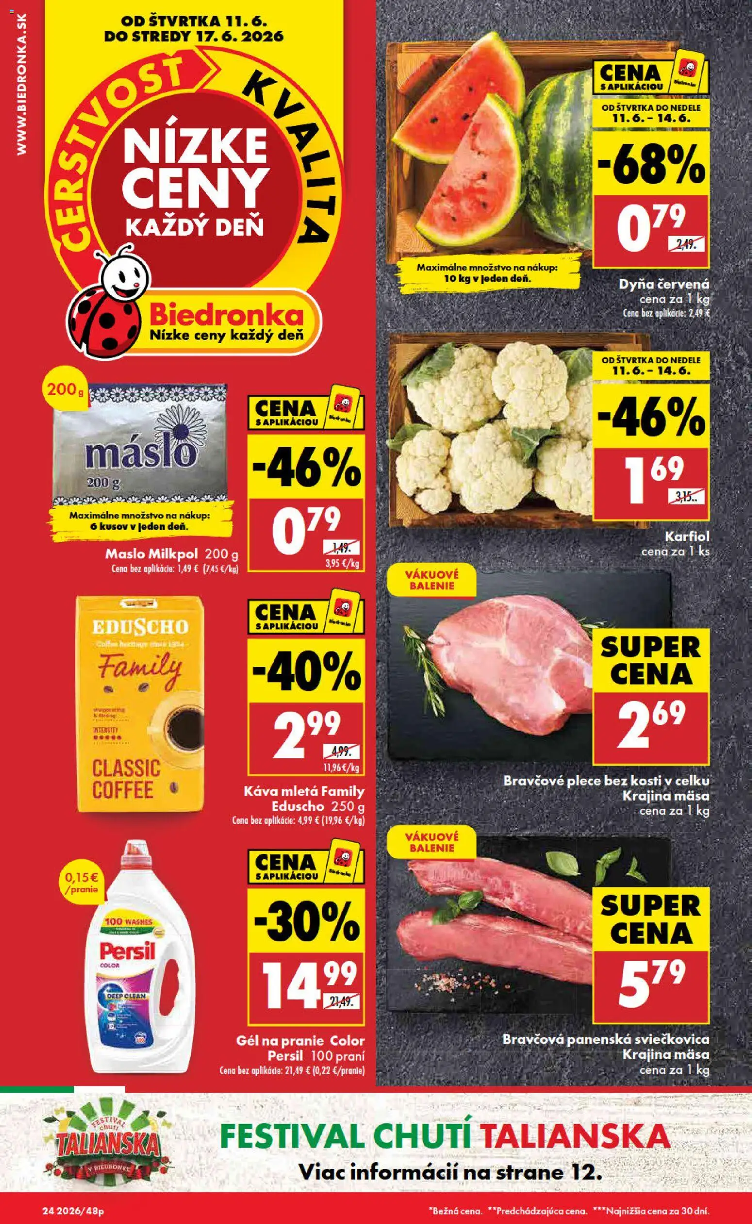 Nové Biedronka akcie – leták je platný od 11.06.2026 | Strana: 1 | Produkty: Maslo, Káva, Persil, Karfiol