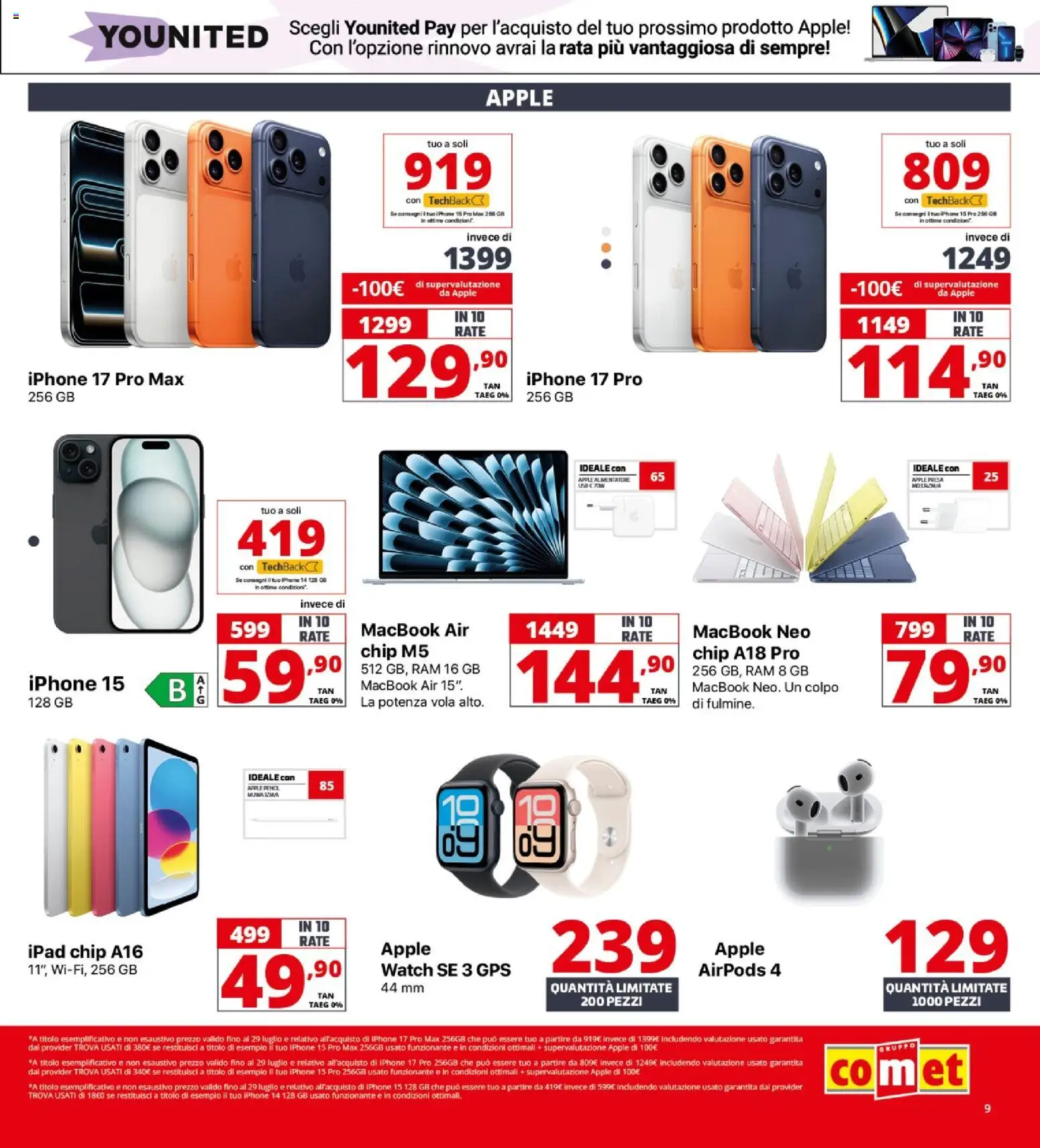 Volantino Comet del 16/07/2026 | Pagina: 9 | Prodotti: Iphone, Ipad, Macbook, Airpods