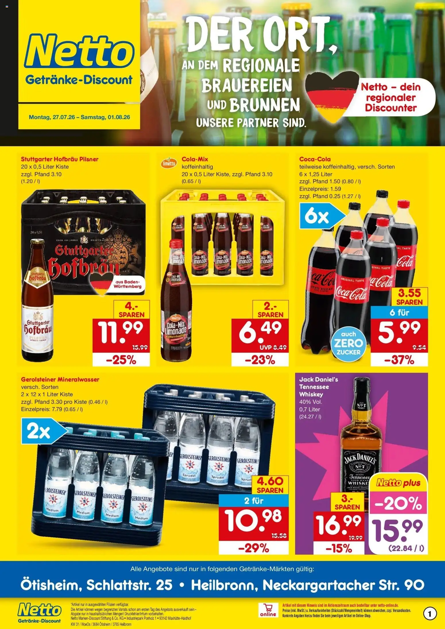 Netto Marken-Discount Prospekt Ötisheim – gültig ab 27.07.2026 | Seite: 1 | Produkte: Coca cola, Cola, Limonade, Gerolsteiner