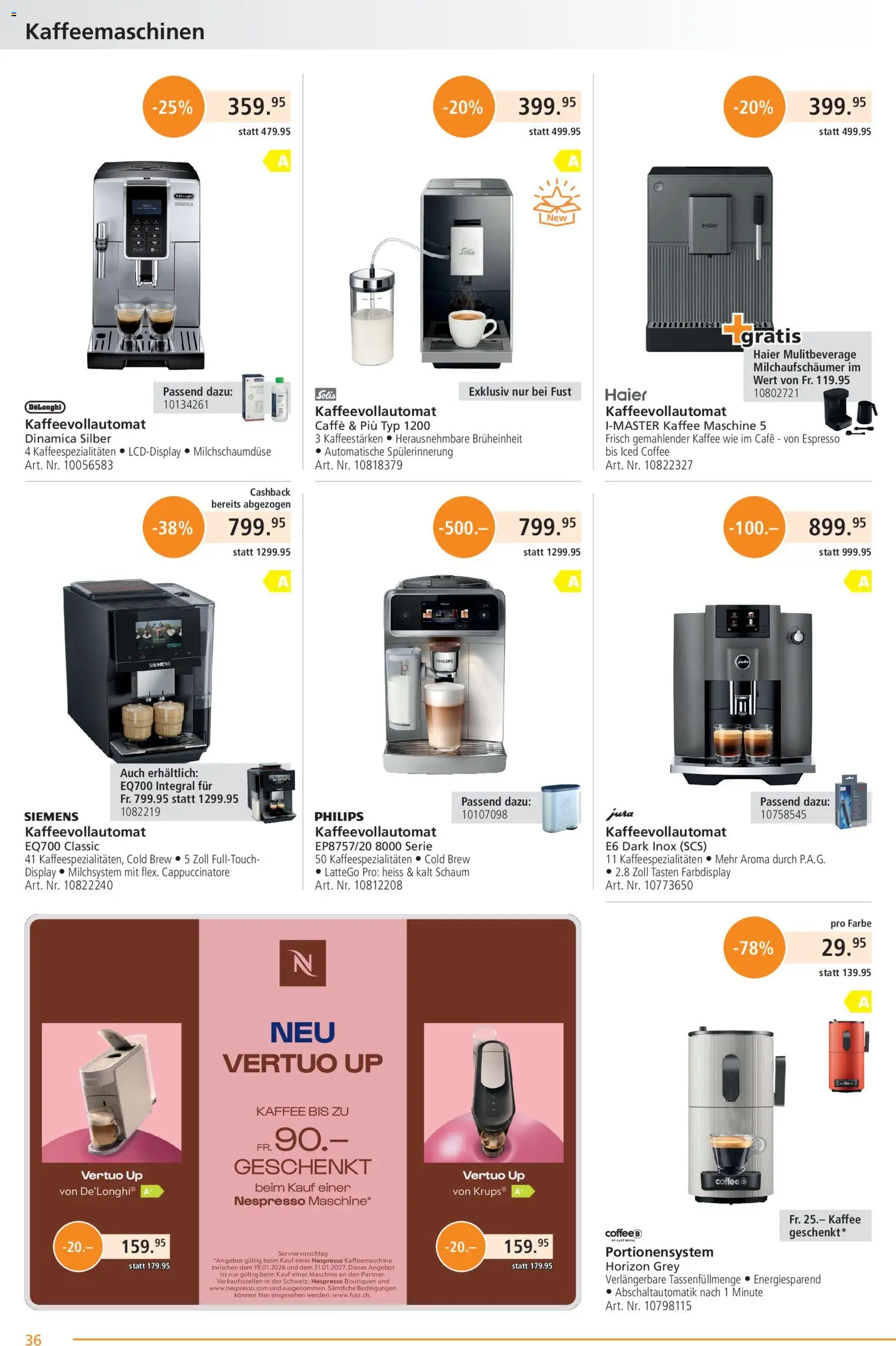Fust aktionen – gültig ab 26.05.2026 | Seite: 36 | Produkte: Jura, Kaffeemaschine, Philips, Siemens