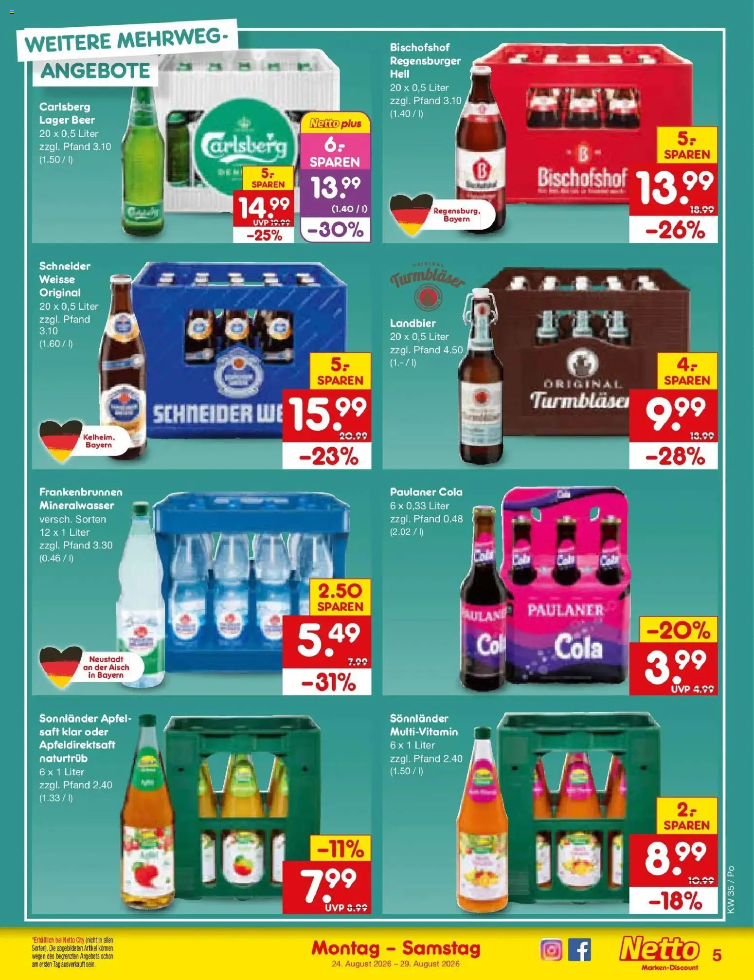 Netto Marken-Discount Prospekt Selb – gültig ab 24.08.2026 | Seite: 5 | Produkte: Cola, Äpfel, Mineralwasser, Paulaner