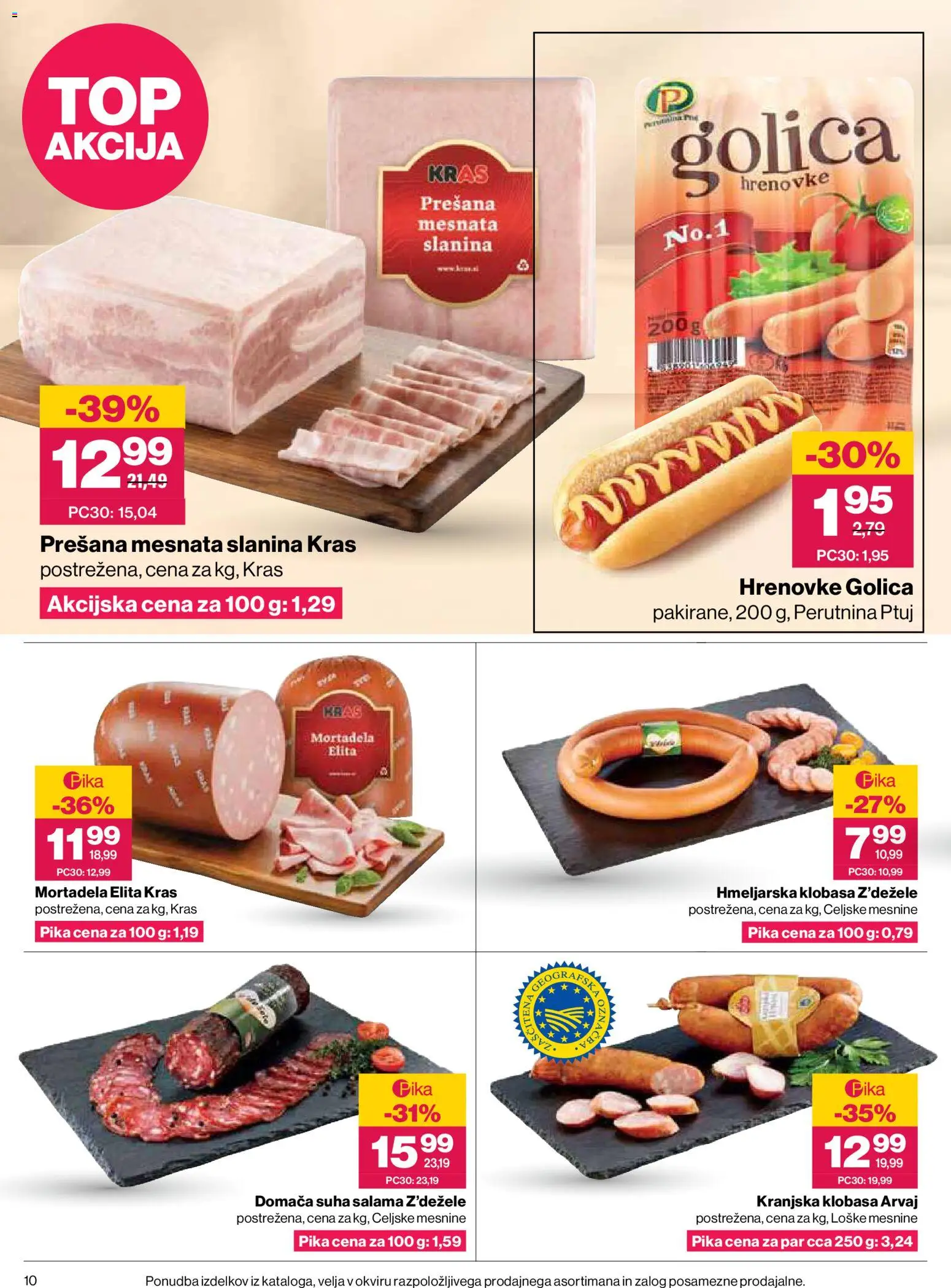 Novi Mercator katalog ponudbe – veljaven od 30.07.2026 | Stran: 10 | Izdelki: Hrenovke, Mortadela, Slanina, Salama