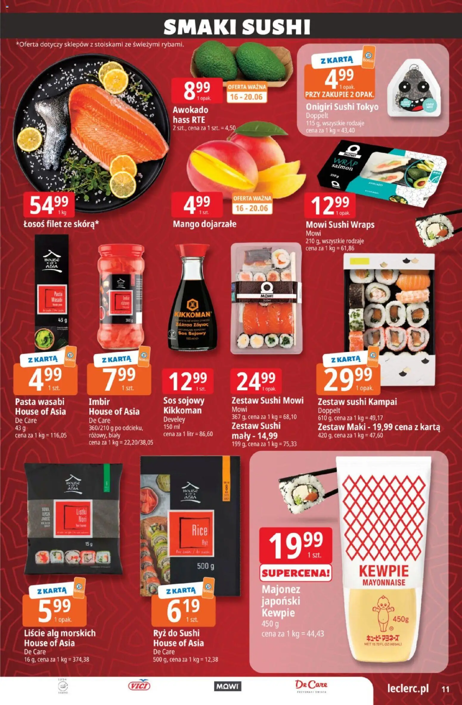 E.Leclerc gazetka od 16.06.2026 | Strona: 11 | Produkty: Łosoś, Ryż, Zestaw sushi, Sos