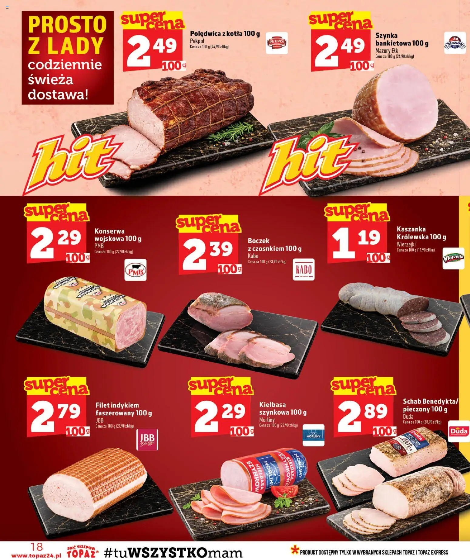 Topaz gazetka od 23.07.2026 | Strona: 18 | Produkty: Kiełbasa, Specjały, Boczek, Filet