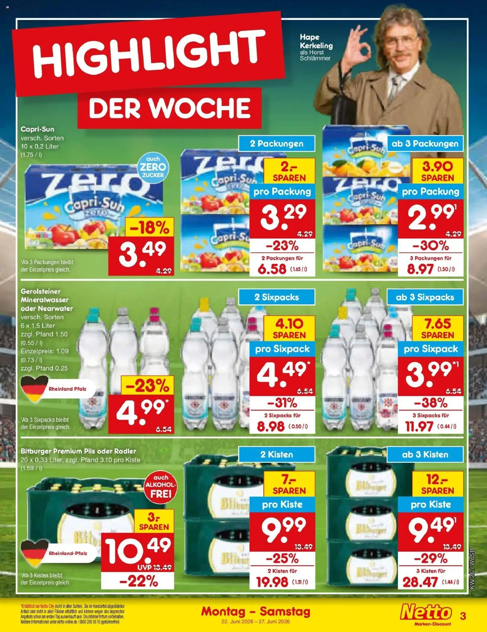 Netto Marken-Discount Prospekt Mannheim – gültig ab 21.06.2026 | Seite: 3 | Produkte: Capri sun, Pils, Mineralwasser, Radler