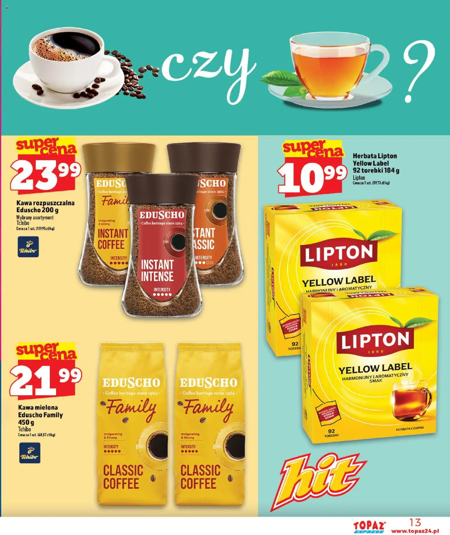 Topaz gazetka - Express od 13.08.2026 | Strona: 13 | Produkty: Herbata czarna, Herbata lipton, Kawa, Herbata