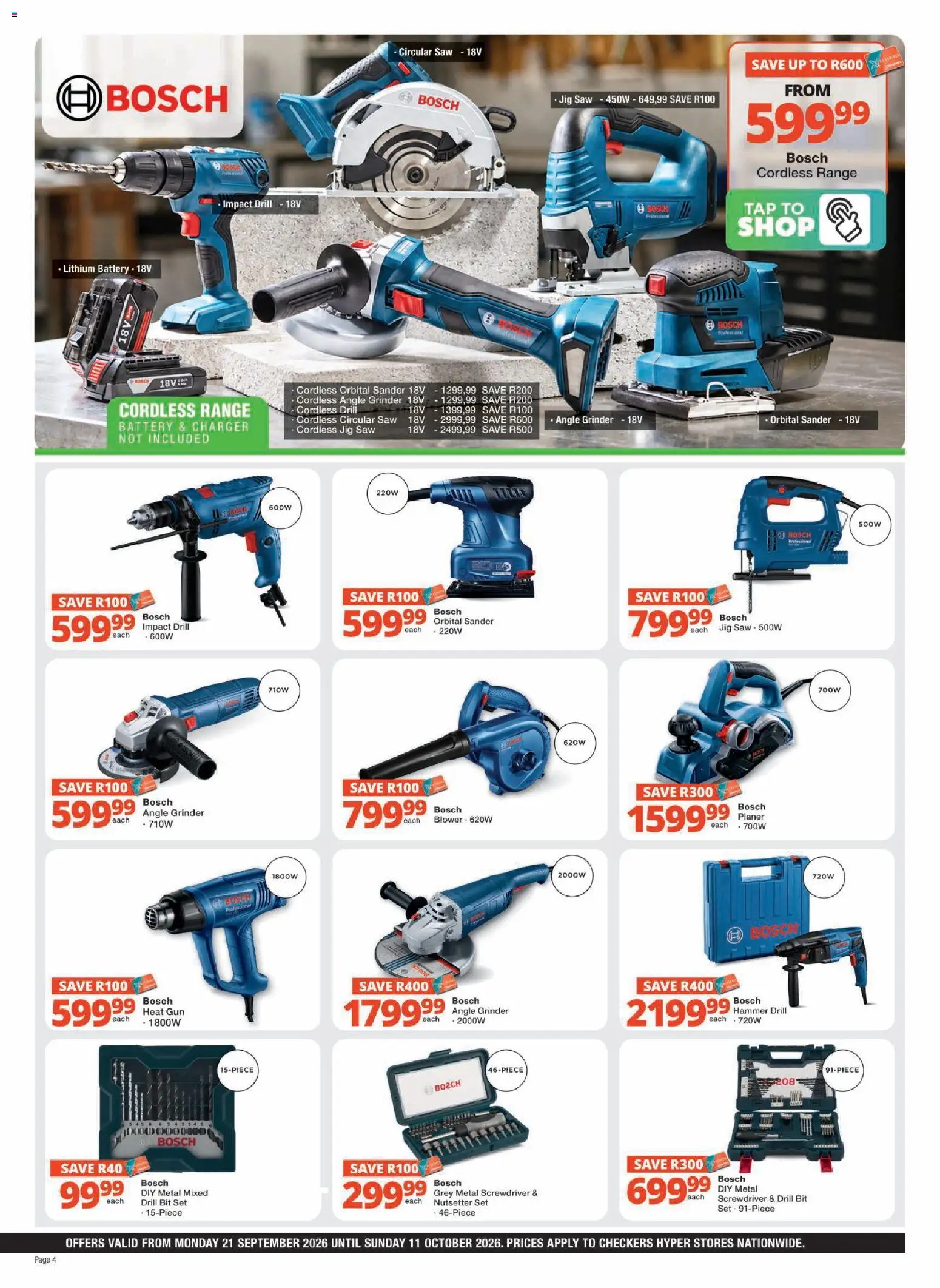New Checkers catalogue – valid from 21/09/2026 | Page: 4 | Products: Drill, Charger, Tap, Angle grinder