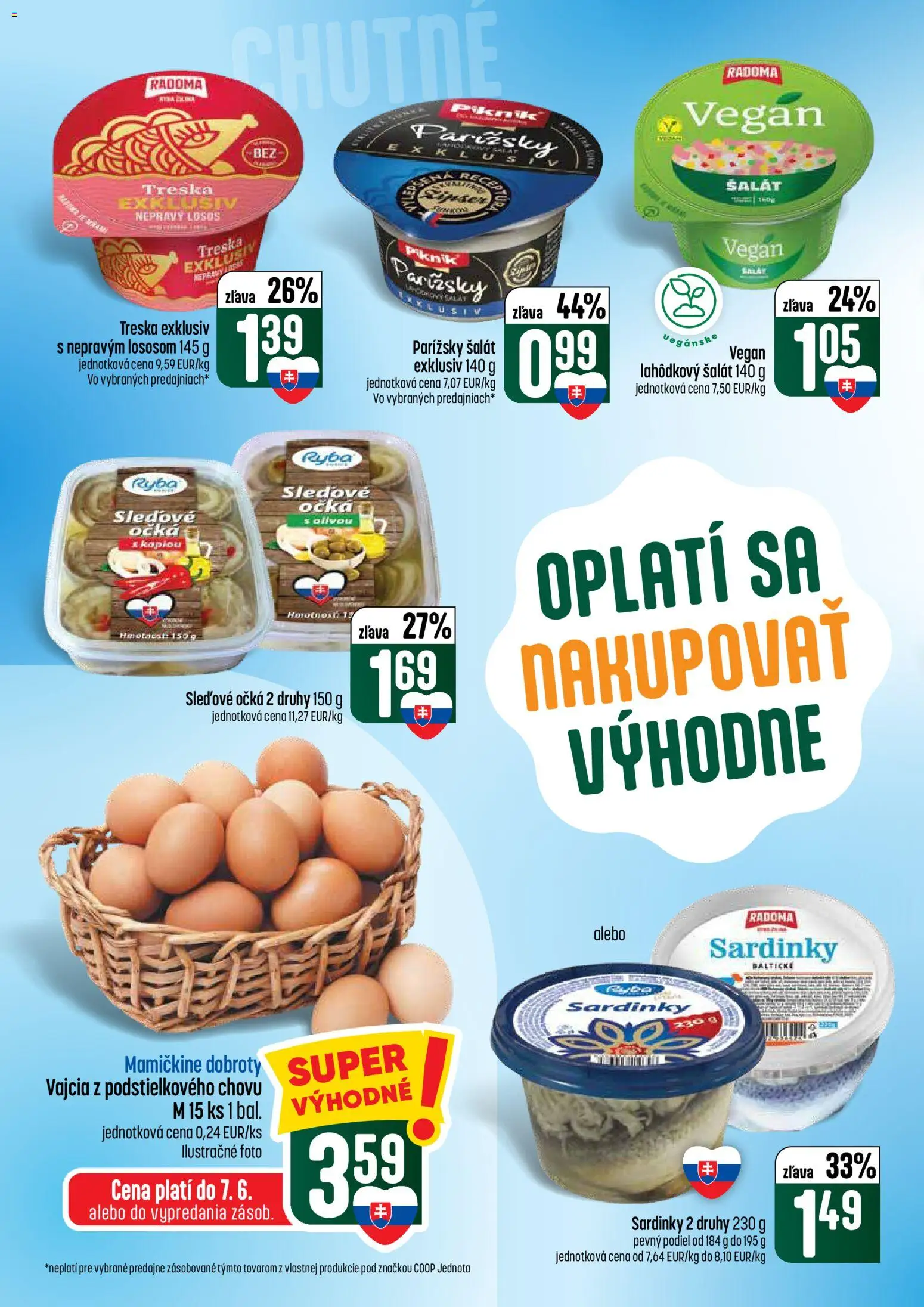 Nové COOP Jednota akcie – leták je platný od 04.06.2026 | Strana: 18 | Produkty: Vajcia, Sardinky, Ryba, Losos