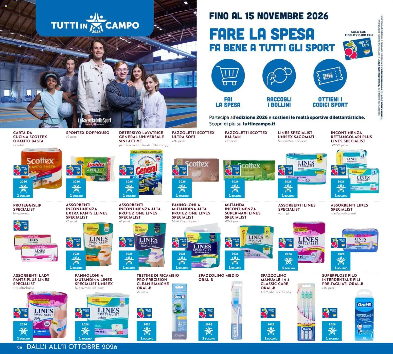 Volantino Pan del 01/10/2026 | Pagina: 26 | Prodotti: Spazzolino, Fazzoletti, Lavatrice, Assorbenti