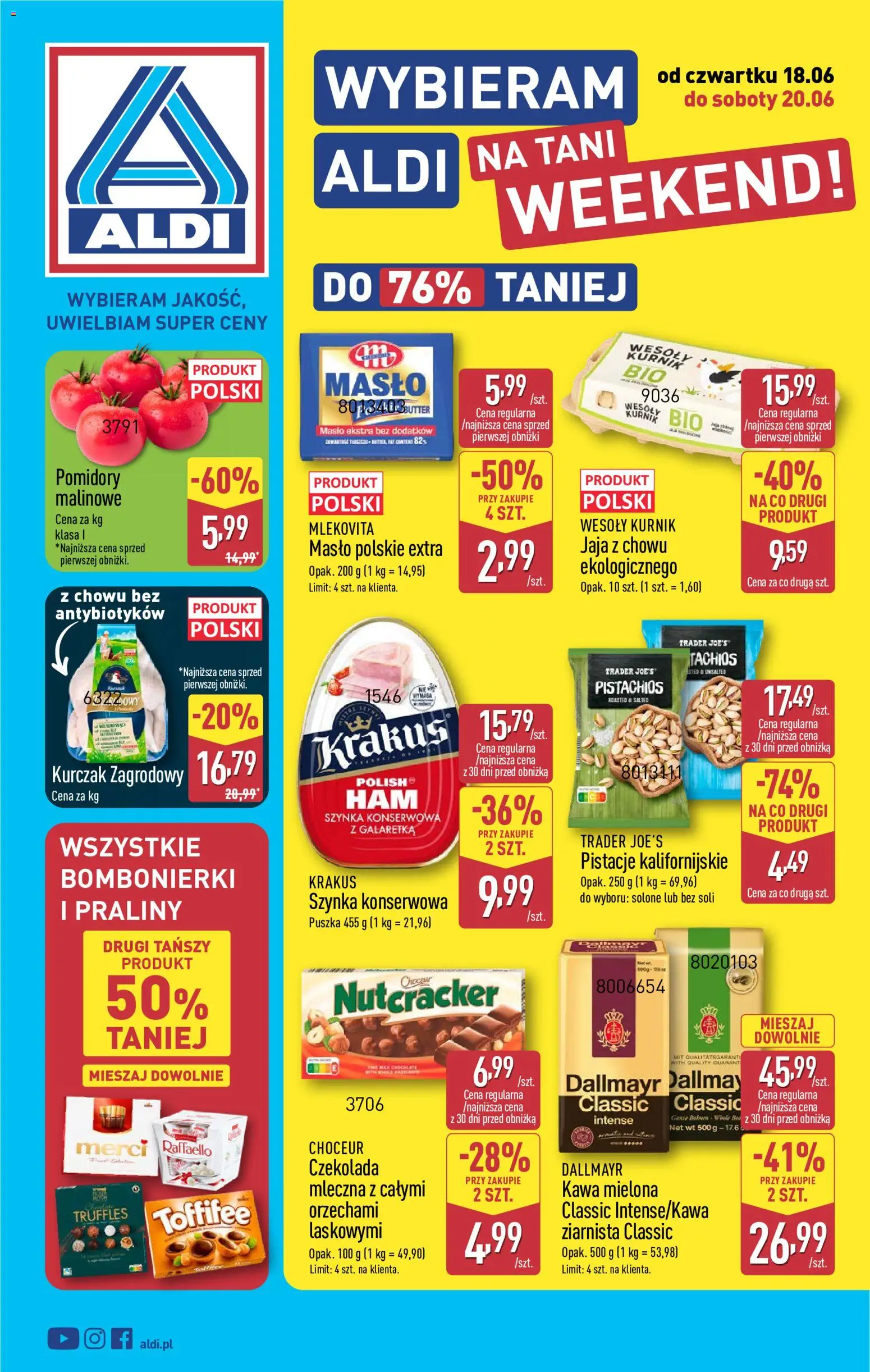 Aldi gazetka - Oferta weekendowa od 18.06.2026 | Strona: 1 | Produkty: Szynka, Masło, Pomidory, Jaja
