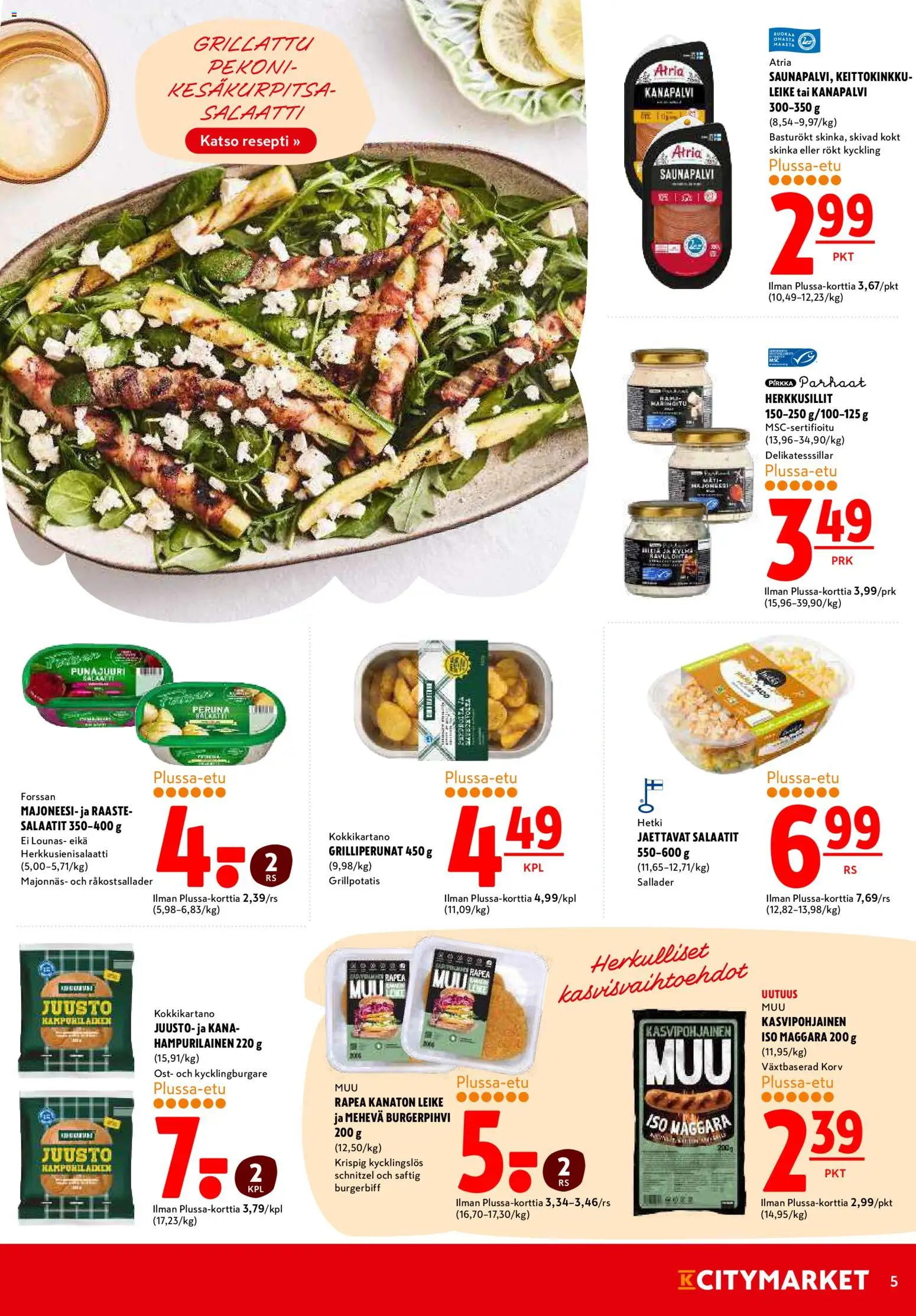 K-Citymarket tarjoukset – voimassa 15.06.2026 alkaen | Sivu: 5 | Tuotteet: Majoneesi, Kesäkurpitsa, Pekoni, Juusto