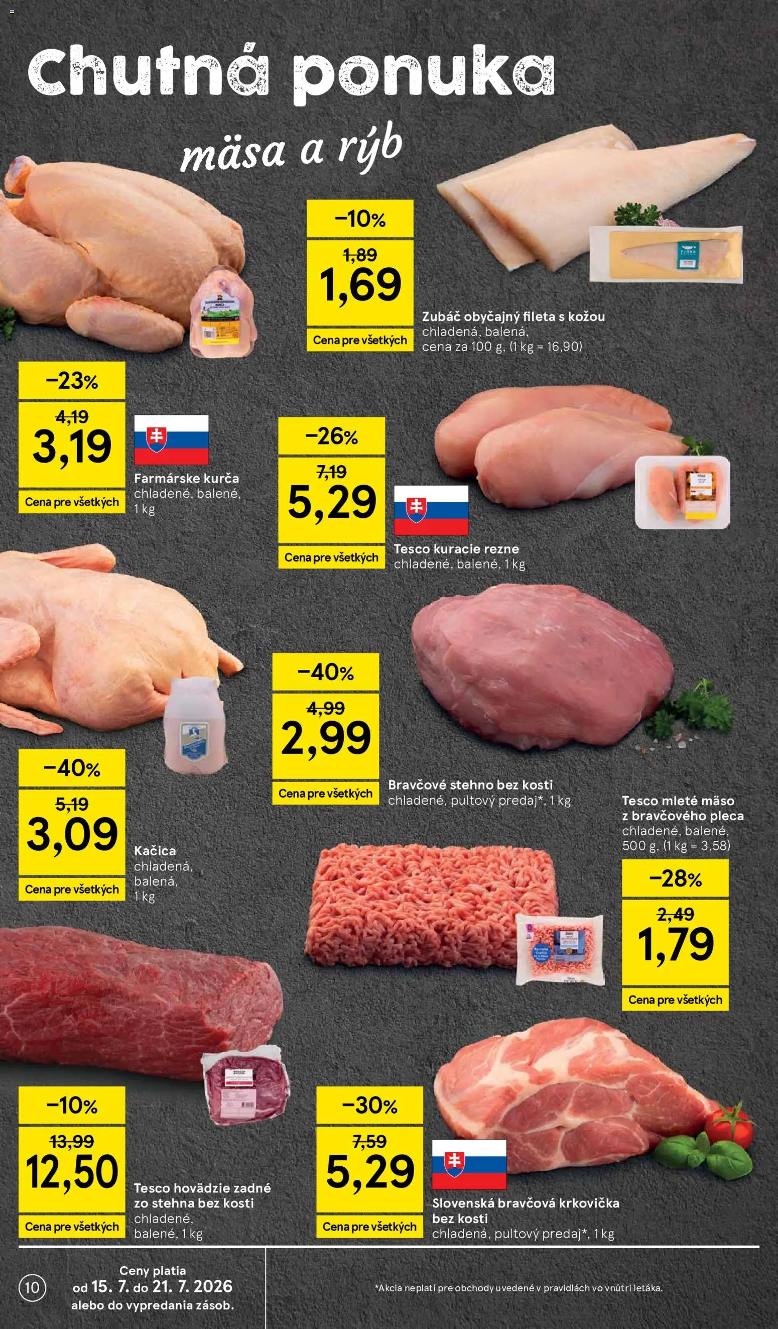 Nové Tesco akcie – leták je platný od 15.07.2026 | Strana: 10 | Produkty: Kačica, Mleté mäso, Stehná, Rezne