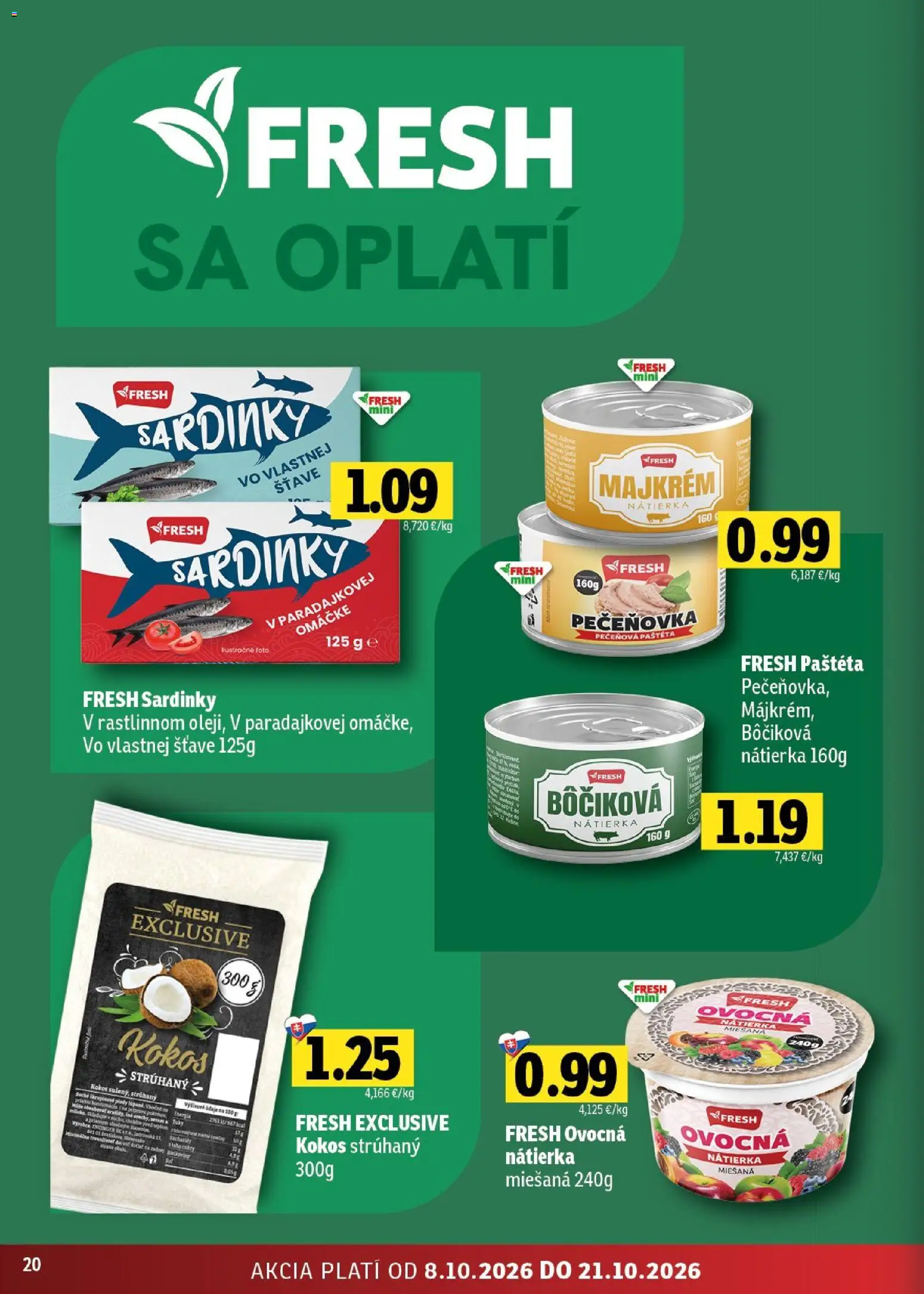 Nové Fresh akcie – leták je platný od 08.10.2026 | Strana: 20 | Produkty: Kokos, Sardinky, Nátierka, Paštéta
