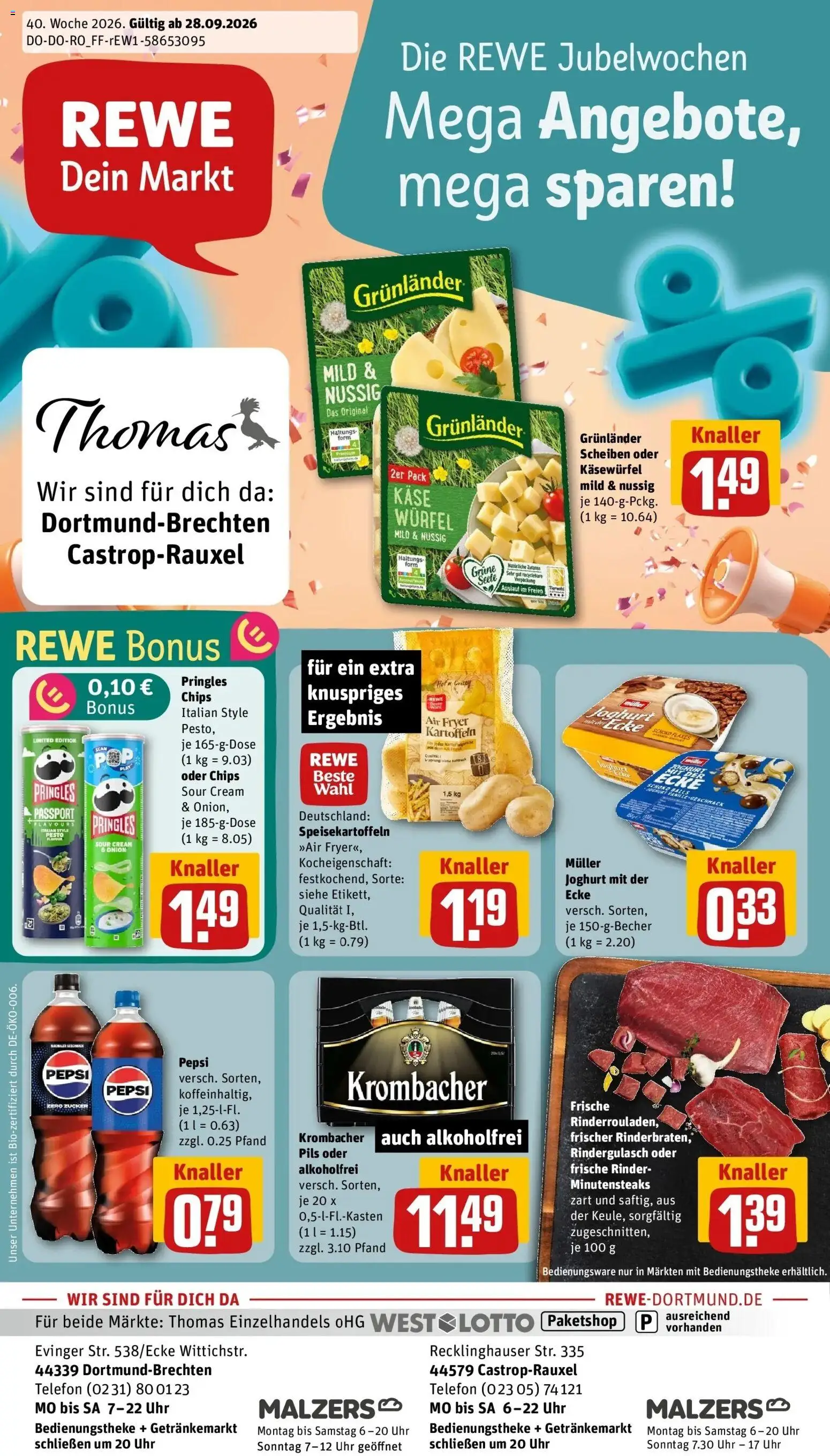 REWE Prospekt ab 28.09.2026 zum Blättern » Angebote | Seite: 1 | Produkte: Joghurt, Pils, Telefon, Uhr
