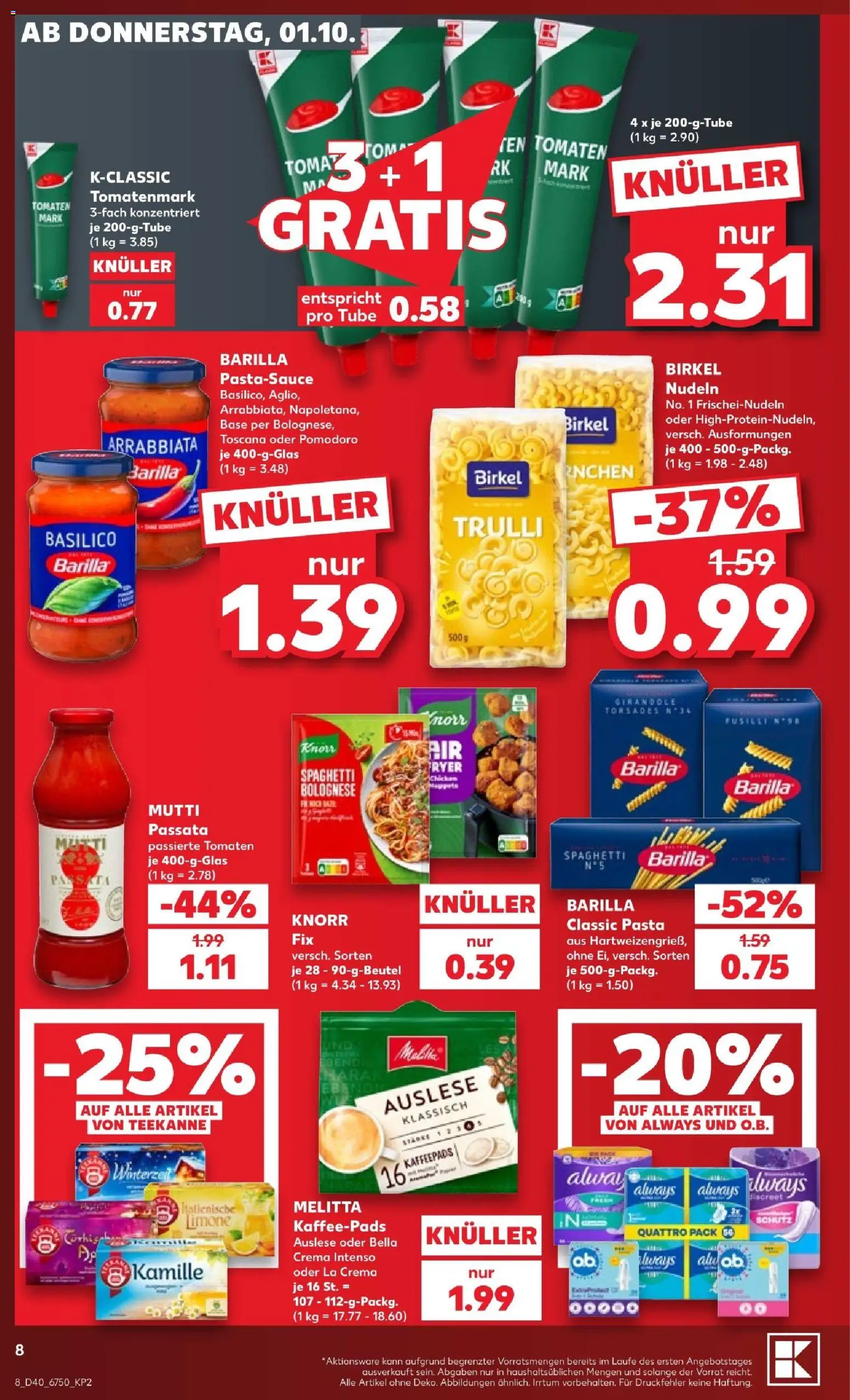 Kaufland Prospekt – gültig ab 01.10.2026 | Seite: 12 | Produkte: Melitta, Kaffeepads, Barilla, Spaghetti