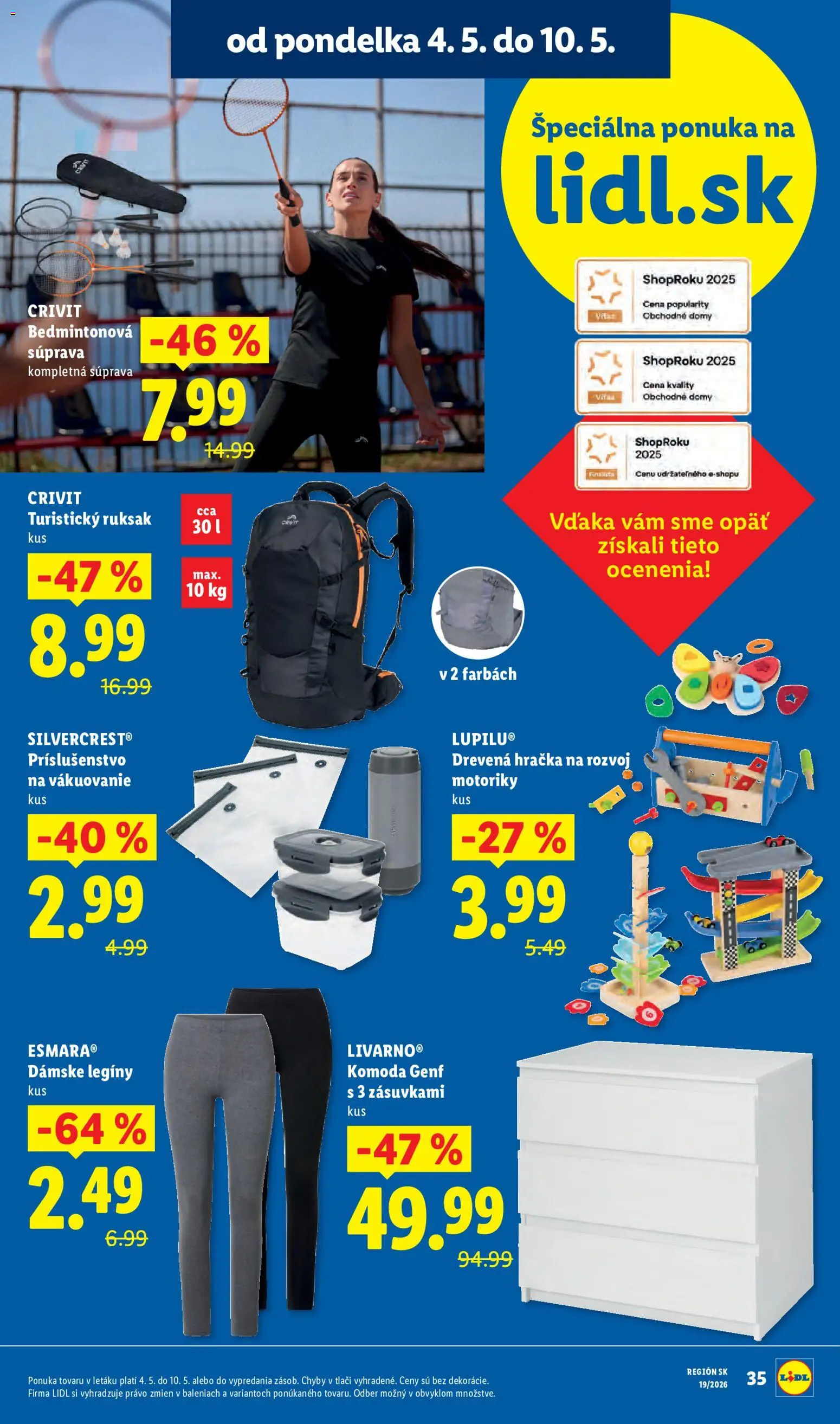 Nové Lidl akcie – leták je platný od 04.05.2026 | Strana: 10 | Produkty: Komoda, Legíny, Ruksak