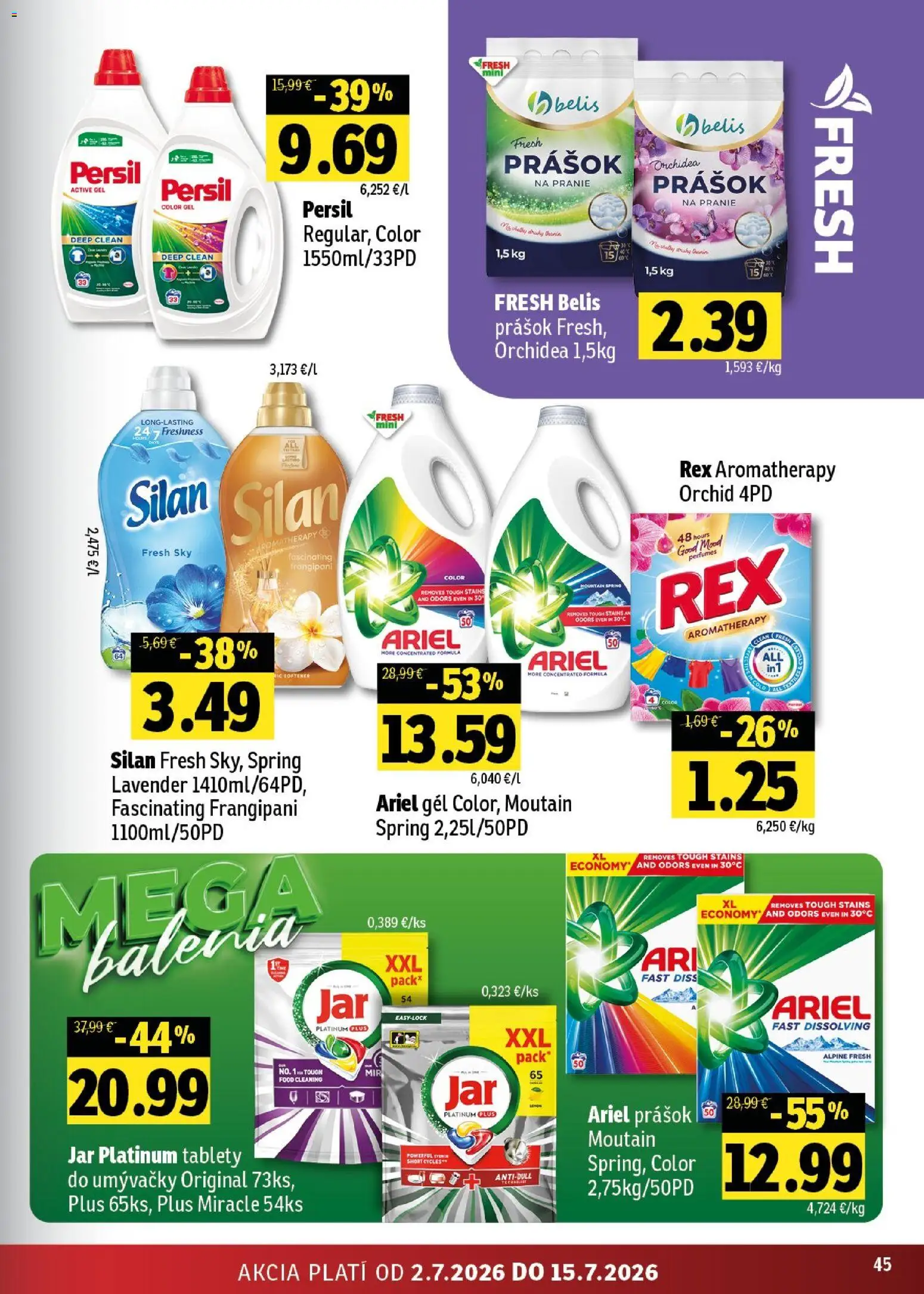 Nové Fresh akcie – leták je platný od 02.07.2026 | Strana: 45 | Produkty: Persil, Silan, Ariel, Orchidea