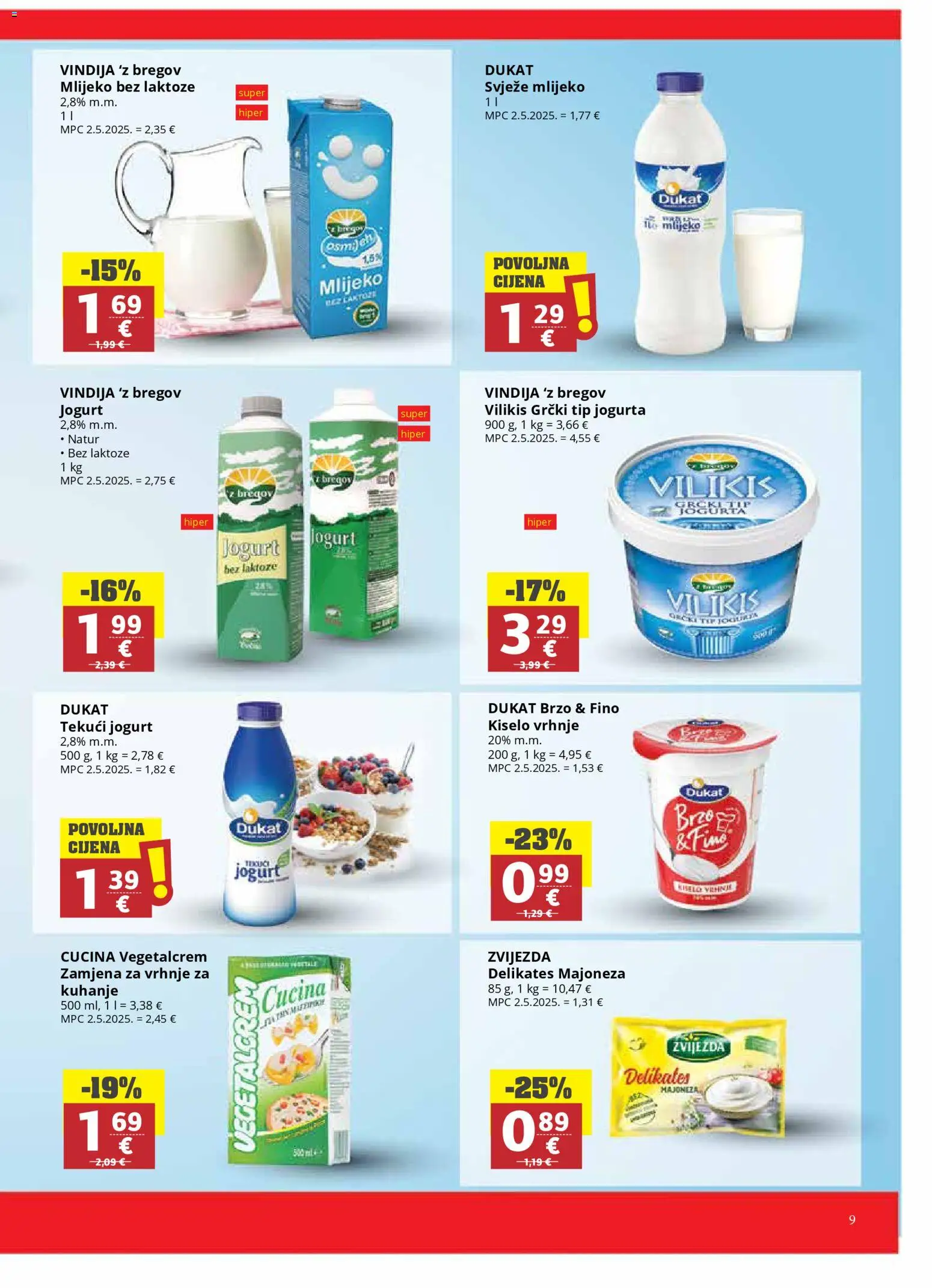 Ribola katalog | vrijedi od 11.03.2026 | Stranica: 9 | Proizvodi: Vindija, Mlijeko, Jogurt, Majoneza