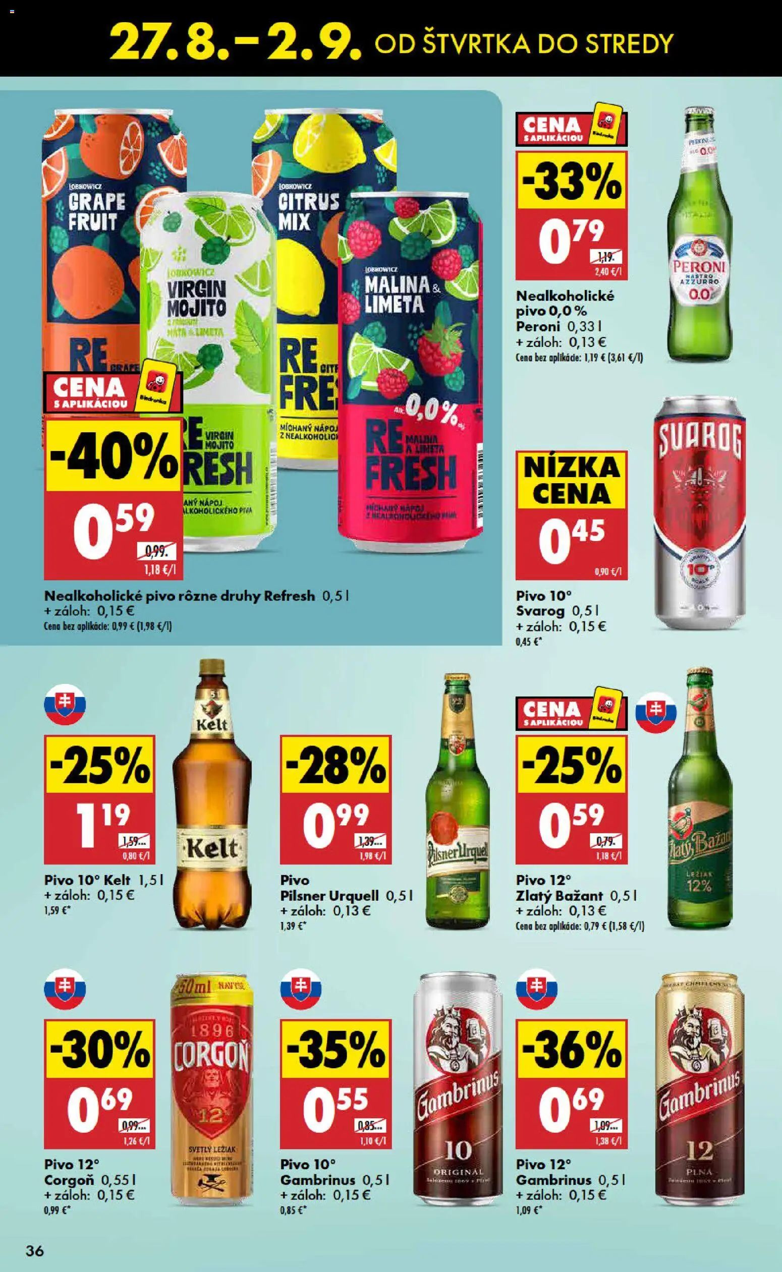 Nové Biedronka akcie – leták je platný od 27.08.2026 | Strana: 36 | Produkty: Pivo 12°, Zlatý Bažant, Nealkoholické pivo, Gambrinus